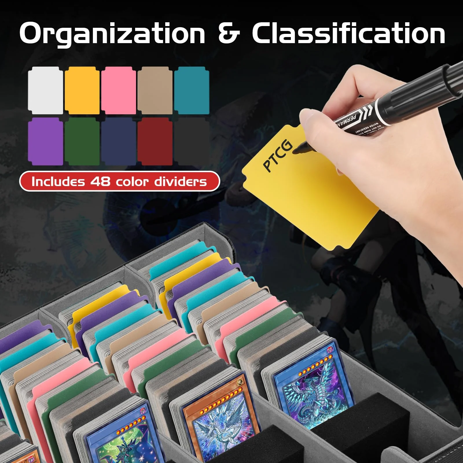 CAUTIOUS 5R Pokemon Deck Box, Sammelkarten Box für 3800+ Karten, MTG-deck Box, Trading Card Box mit 5 Verstellbaren Kartentrennern, mit 48 kompatiblen Kartenteilern (schwarz+grau) - Image 3