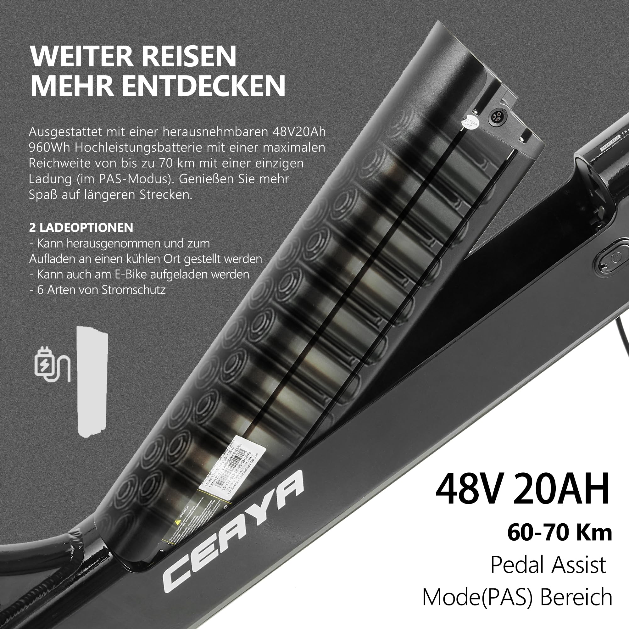 CEAYA Elektrofahrrad Aluminium 26 Zoll E Bike Herren Damen Pedelec 25km/h Fat Tire Ebike mit 48V20AH Akku,Gabelfederung,7-Gang Schaltung,Scheibenbremse,Reichweite bis 45-80KM - Image 5