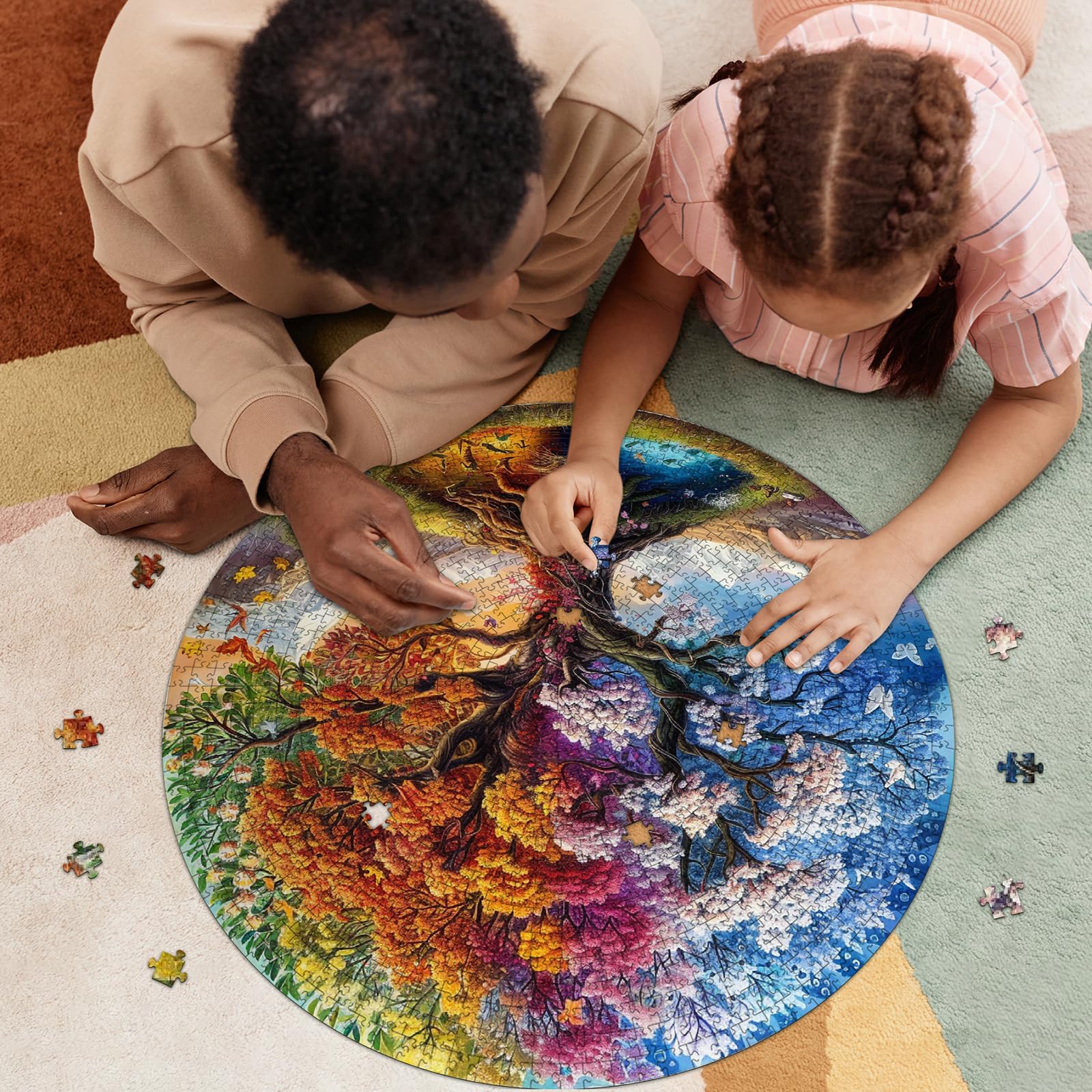 CHARMIBLE Puzzle 1000 Teile Erwachsen, 1000 Teile Baum des Lebens Impossible Rundes Puzzle, 67.5x67.5cm Blaue Papierkarte Unregelmäßige Einzigartige Jigsaw für Familie Freunde - Image 6
