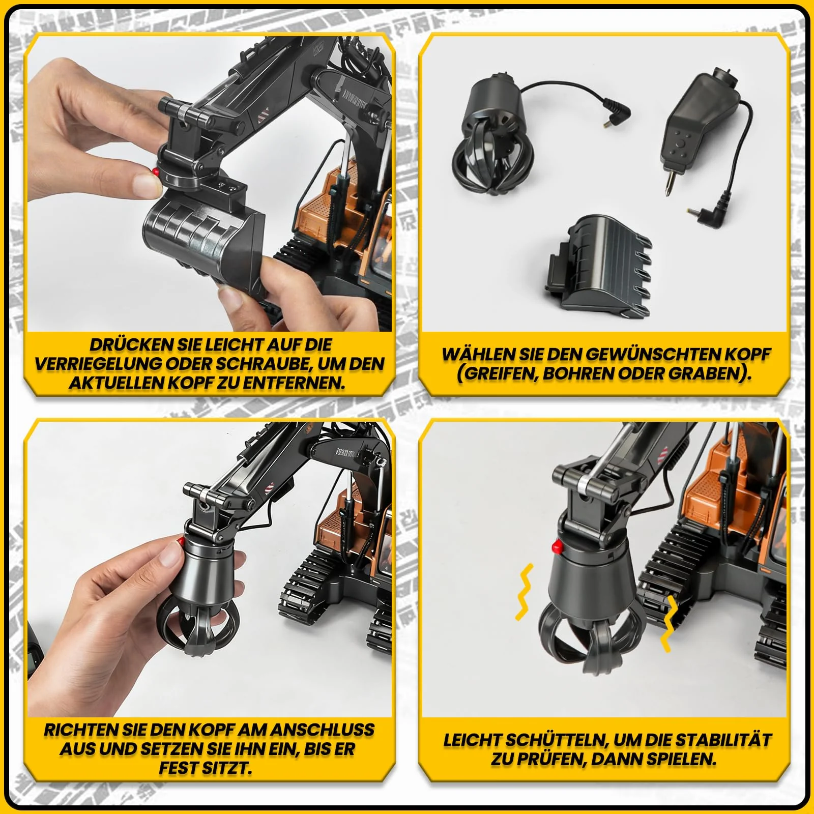Charmofun 3-in-1 Ferngesteuerter Bagger, 2,4GHz RC Bagger Spielzeug mit DREI Metallköpfen, 680° Drehbarer Radlader mit Lichtern & Musik, Geschenk Ab 3-12 Jahre - Image 2