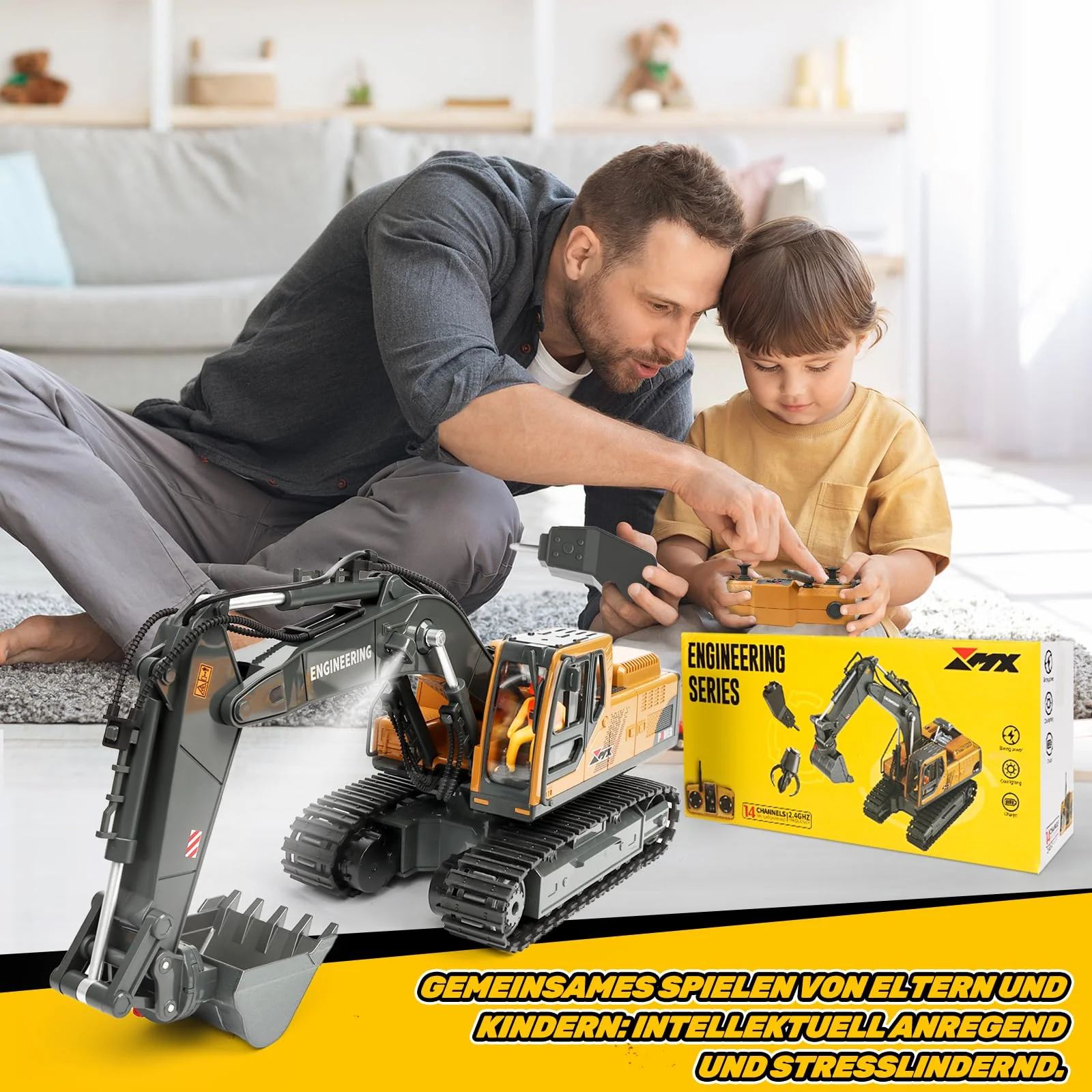 Charmofun 3-in-1 Ferngesteuerter Bagger, 2,4GHz RC Bagger Spielzeug mit DREI Metallköpfen, 680° Drehbarer Radlader mit Lichtern & Musik, Geschenk Ab 3-12 Jahre - Image 3