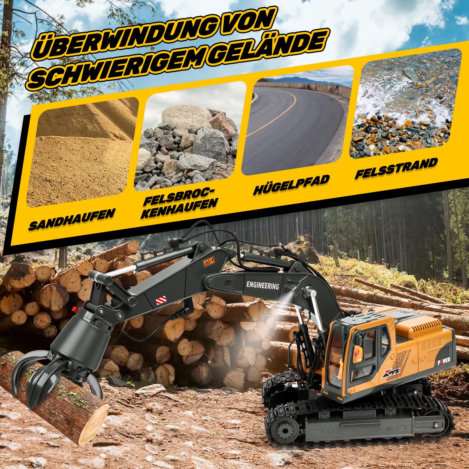 Charmofun 3-in-1 Ferngesteuerter Bagger, 2,4GHz RC Bagger Spielzeug mit DREI Metallköpfen, 680° Drehbarer Radlader mit Lichtern & Musik, Geschenk Ab 3-12 Jahre - Image 4