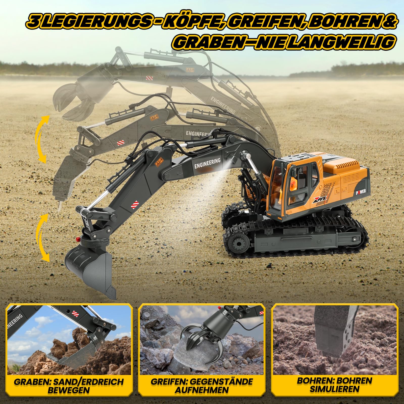 Charmofun 3-in-1 Ferngesteuerter Bagger, 2,4GHz RC Bagger Spielzeug mit DREI Metallköpfen, 680° Drehbarer Radlader mit Lichtern & Musik, Geschenk Ab 3-12 Jahre - Image 7