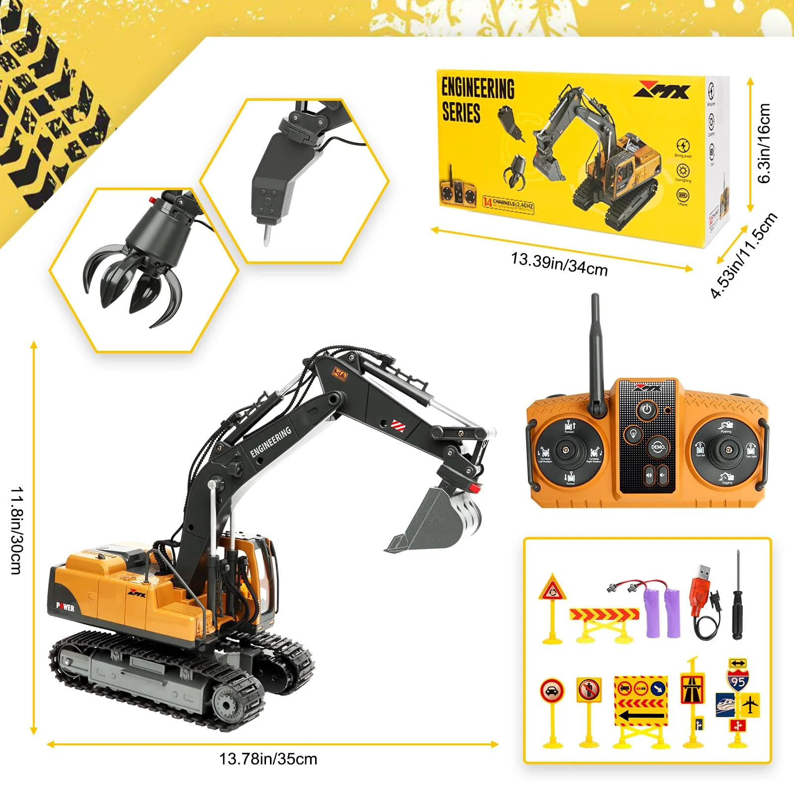 Charmofun 3-in-1 Ferngesteuerter Bagger, 2,4GHz RC Bagger Spielzeug mit DREI Metallköpfen, 680° Drehbarer Radlader mit Lichtern & Musik, Geschenk Ab 3-12 Jahre - Image 8