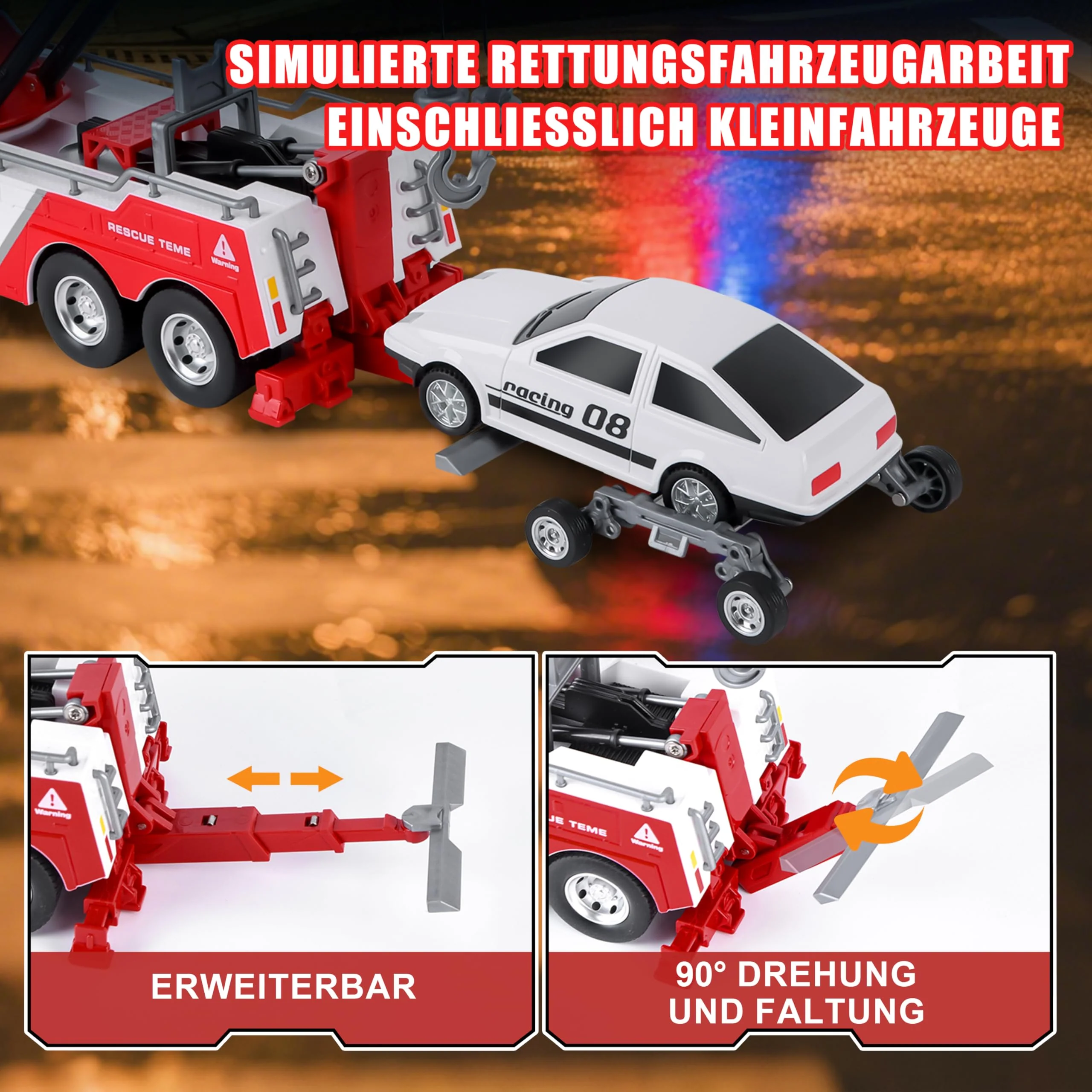Charmofun Abschleppwagen Spielzeug Kinder, Transporter Lastwagen mit Beweglichem Kran, Recovery Abschlepper Spielzeug mit Licht und Sounds, Geschenk Vielseitiger Abschleppauto für Kinder ab 3 Jahren - Image 5