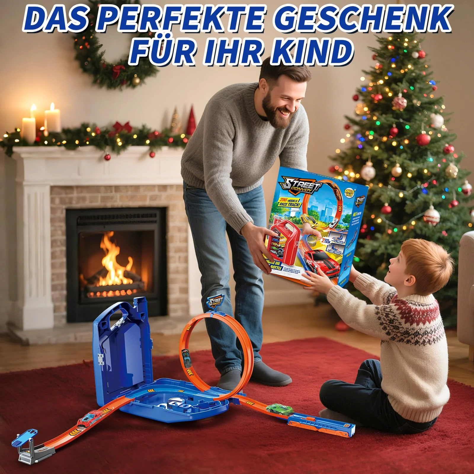 Charmofun Autorennbahn für Kinder, Rennstrecke Auto Spielzeug mit 6 Autos, Aufbewahrungsbox, Auto Rennbahn Mit Looping und U Track, Portable Spielzeug autorennbahn für Kinder ab 3 Jahre (Blau) - Image 2