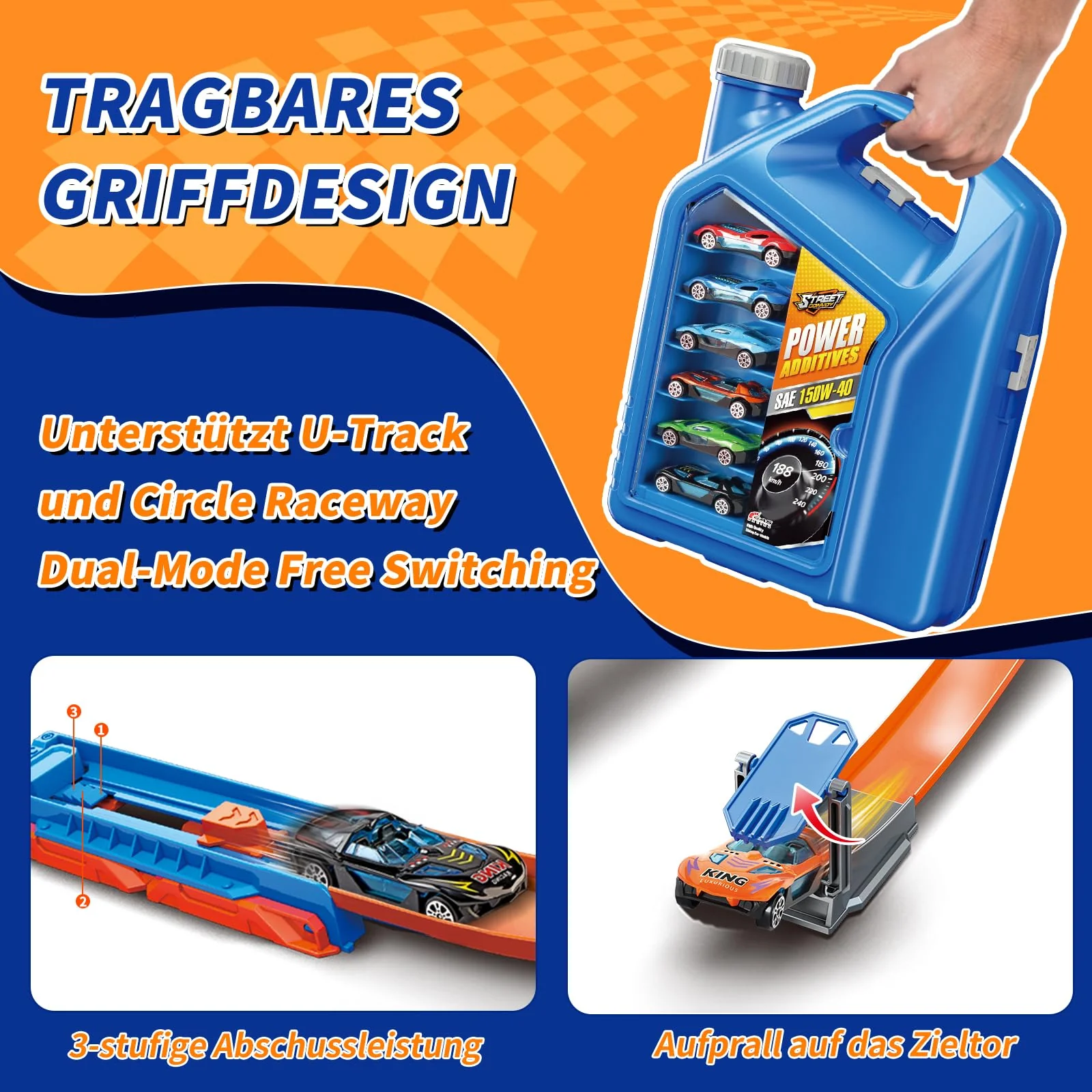 Charmofun Autorennbahn für Kinder, Rennstrecke Auto Spielzeug mit 6 Autos, Aufbewahrungsbox, Auto Rennbahn Mit Looping und U Track, Portable Spielzeug autorennbahn für Kinder ab 3 Jahre (Blau) - Image 4
