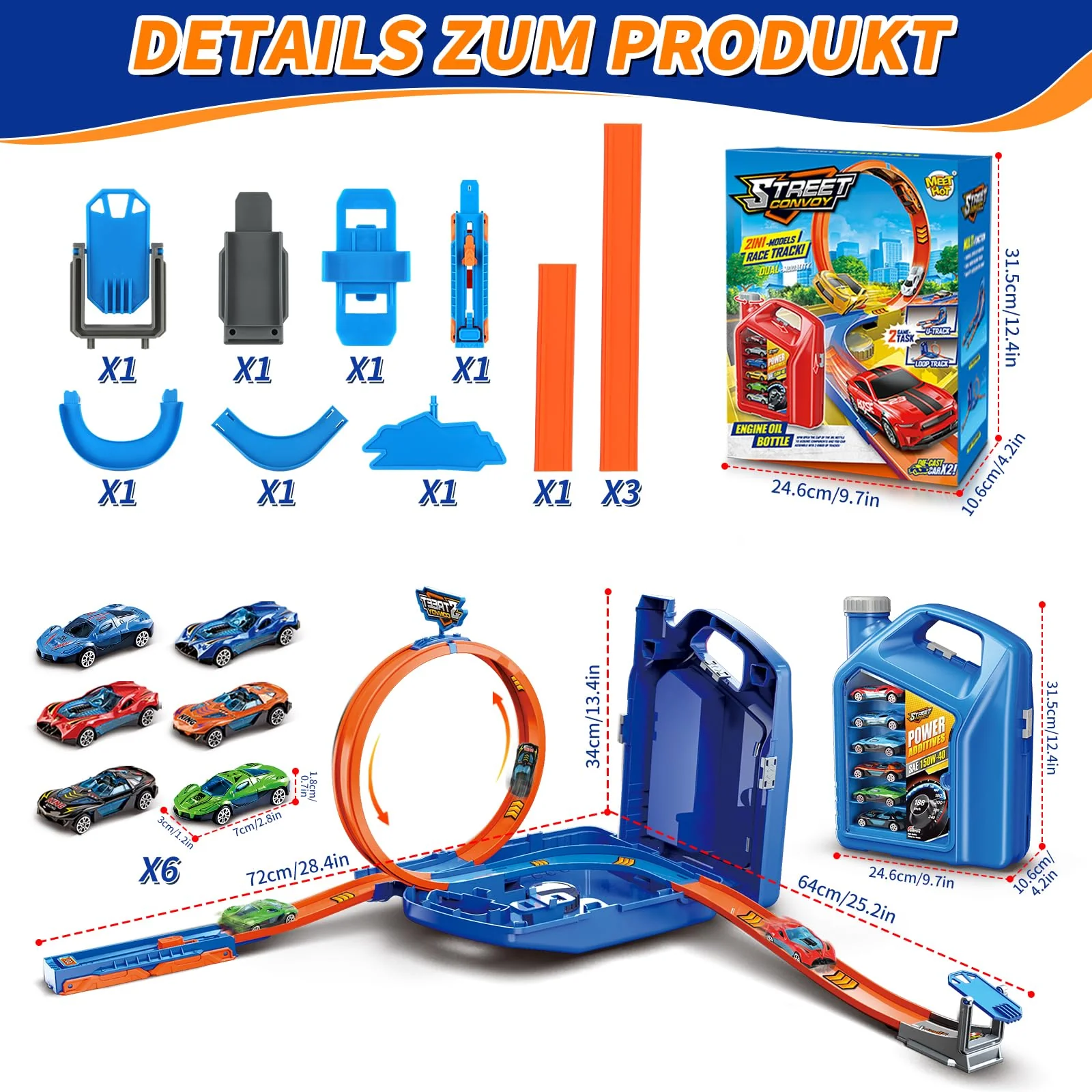 Charmofun Autorennbahn für Kinder, Rennstrecke Auto Spielzeug mit 6 Autos, Aufbewahrungsbox, Auto Rennbahn Mit Looping und U Track, Portable Spielzeug autorennbahn für Kinder ab 3 Jahre (Blau) - Image 5