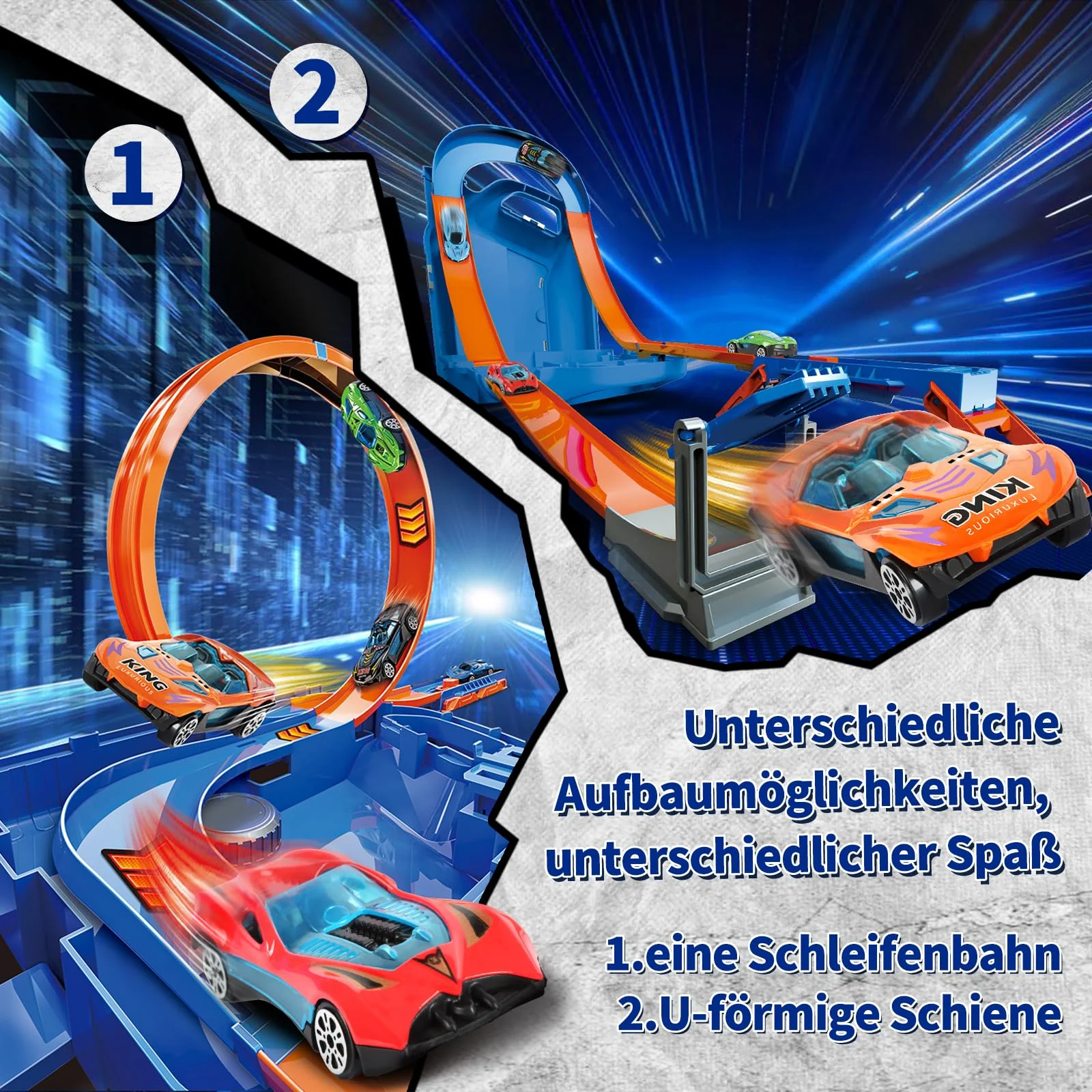 Charmofun Autorennbahn für Kinder, Rennstrecke Auto Spielzeug mit 6 Autos, Aufbewahrungsbox, Auto Rennbahn Mit Looping und U Track, Portable Spielzeug autorennbahn für Kinder ab 3 Jahre (Blau) - Image 7