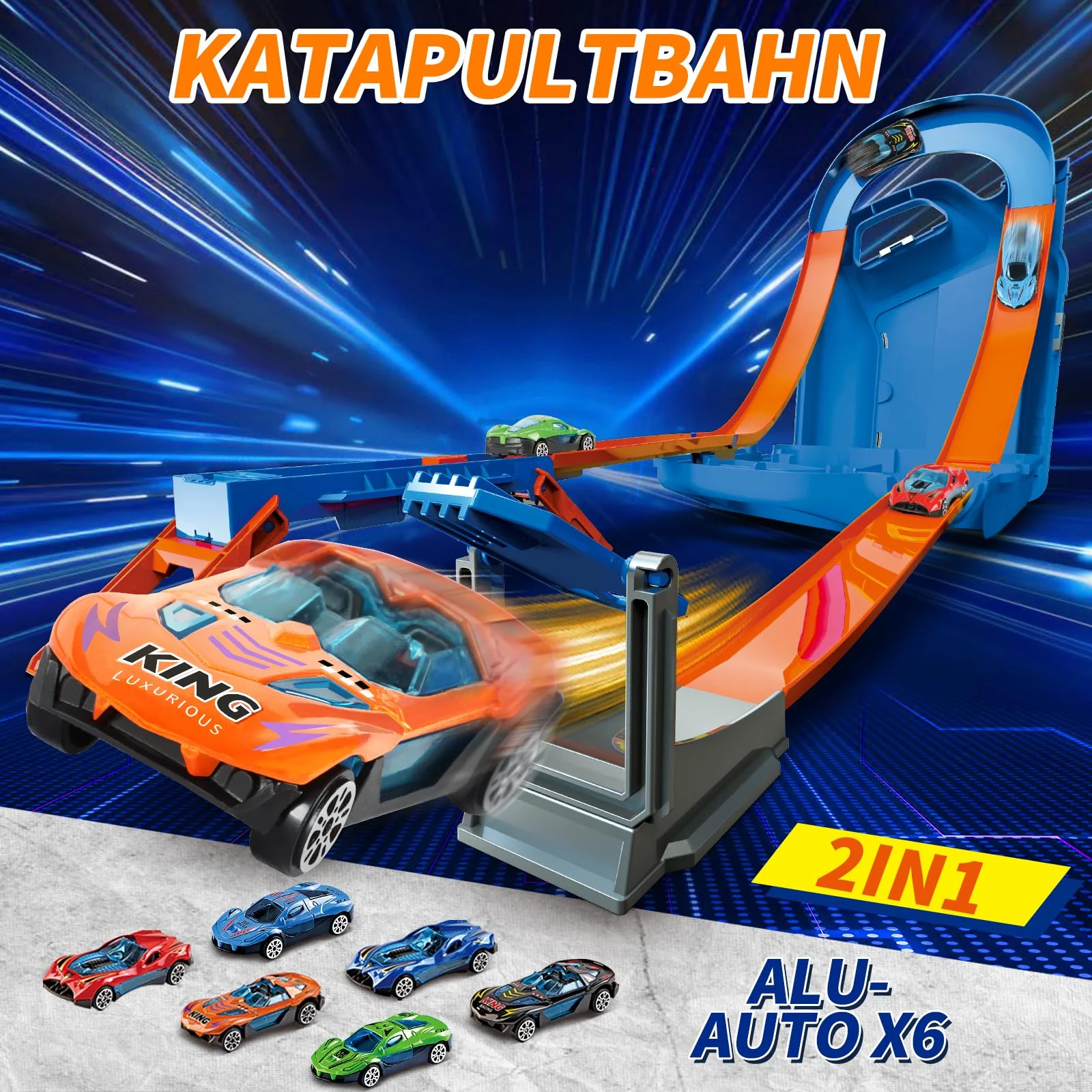 Charmofun Autorennbahn für Kinder, Rennstrecke Auto Spielzeug mit 6 Autos, Aufbewahrungsbox, Auto Rennbahn Mit Looping und U Track, Portable Spielzeug autorennbahn für Kinder ab 3 Jahre (Blau) - Image 8
