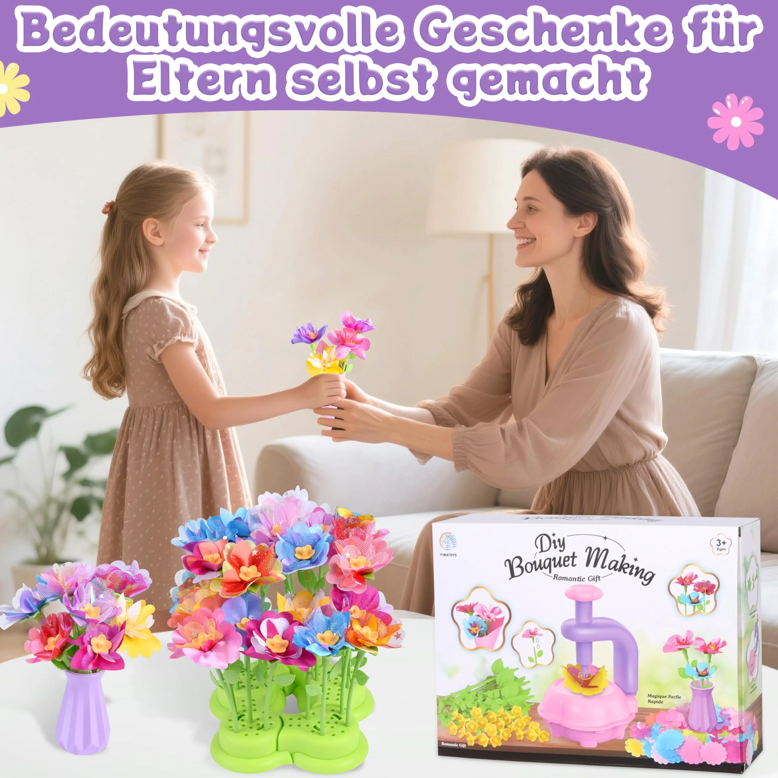 Charmofun DIY Blumen Bastelset Kinder, Basteln Mädchen 3 4 5 6 7 Jahre, Blumen Basteln Spielzeug mit Blumenmaschine, Blumengarten Spielzeug, Blumenstrauß Geschenke für Mädchen ab 3 Jahre - Image 3