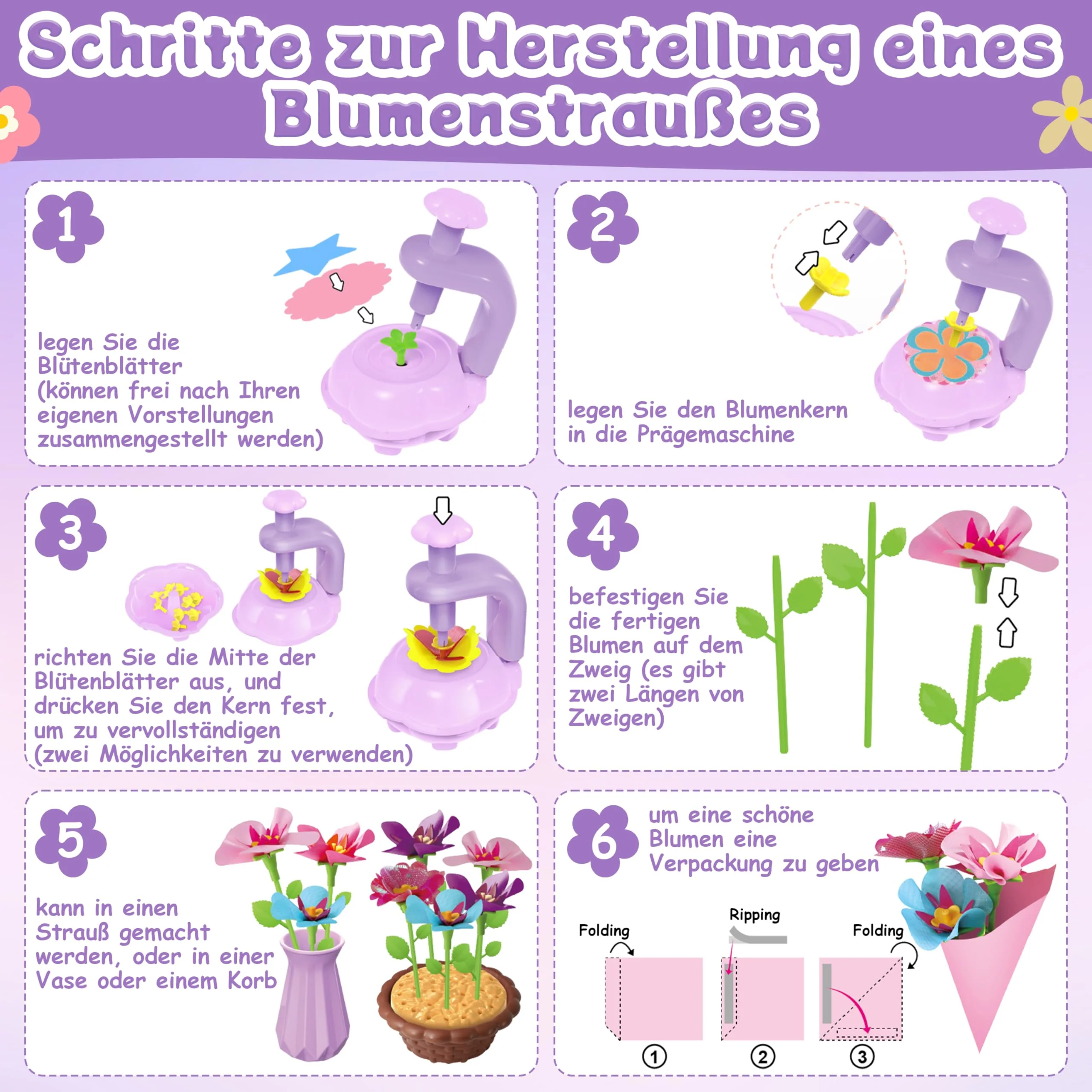 Charmofun DIY Blumen Bastelset Kinder, Basteln Mädchen 3 4 5 6 7 Jahre, Blumen Basteln Spielzeug mit Blumenmaschine, Blumengarten Spielzeug, Blumenstrauß Geschenke für Mädchen ab 3 Jahre - Image 4