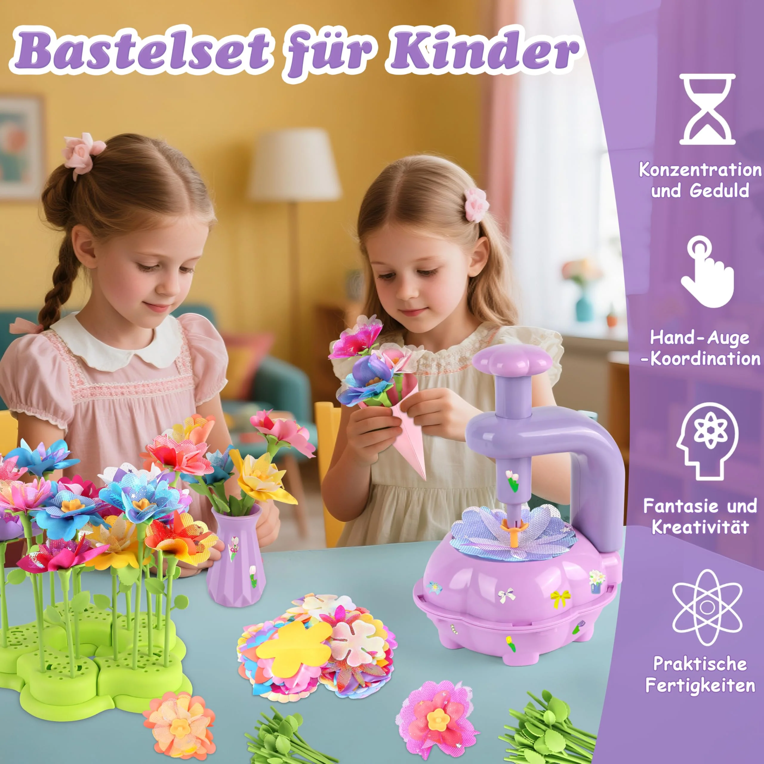 Charmofun DIY Blumen Bastelset Kinder, Basteln Mädchen 3 4 5 6 7 Jahre, Blumen Basteln Spielzeug mit Blumenmaschine, Blumengarten Spielzeug, Blumenstrauß Geschenke für Mädchen ab 3 Jahre - Image 7