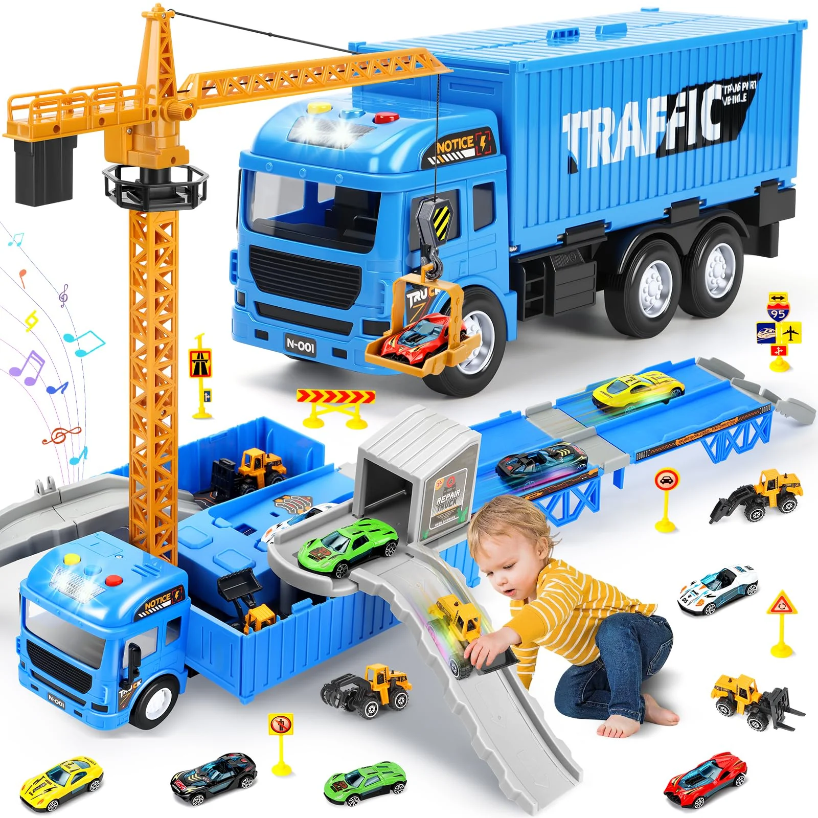Charmofun LKW Kran mit Doppelter Auswurfschiene, Baustellenfahrzeuge Kinder Spielzeugset – Bagger, Bulldozer, Straßenwalze, Gabelstapler, Drehbarem Kran – Konstruktionsfahrzeuge Geschenk Ab 3 Jahren
