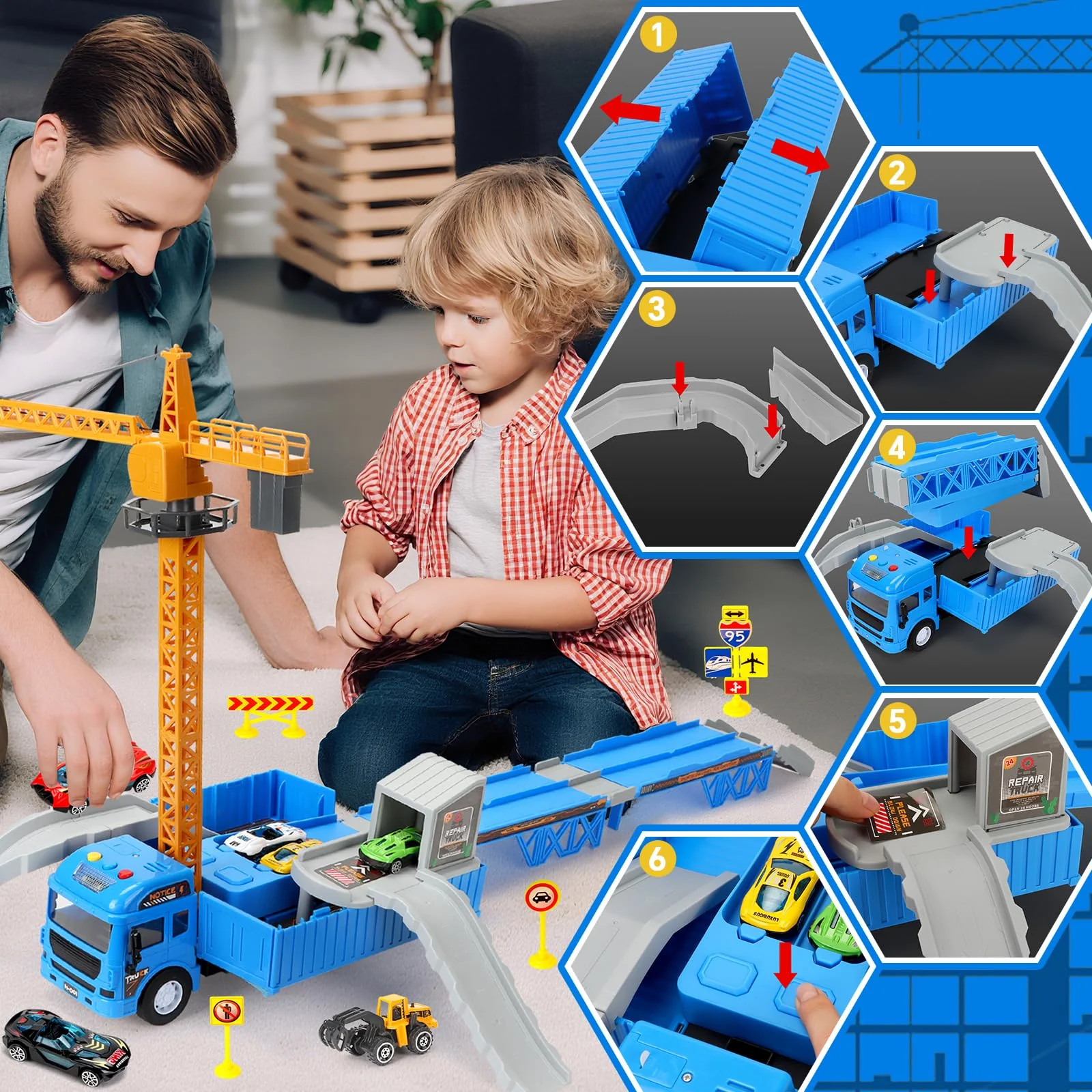 Charmofun LKW Kran mit Doppelter Auswurfschiene, Baustellenfahrzeuge Kinder Spielzeugset – Bagger, Bulldozer, Straßenwalze, Gabelstapler, Drehbarem Kran – Konstruktionsfahrzeuge Geschenk Ab 3 Jahren - Image 3