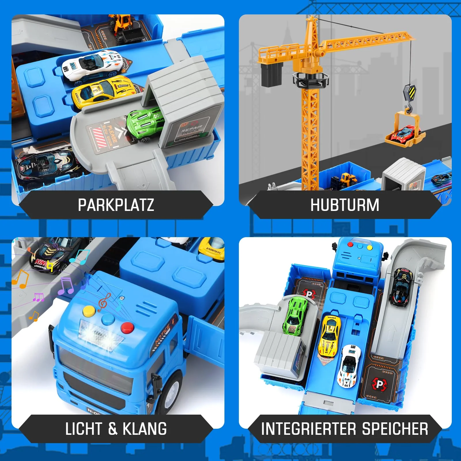 Charmofun LKW Kran mit Doppelter Auswurfschiene, Baustellenfahrzeuge Kinder Spielzeugset – Bagger, Bulldozer, Straßenwalze, Gabelstapler, Drehbarem Kran – Konstruktionsfahrzeuge Geschenk Ab 3 Jahren - Image 5