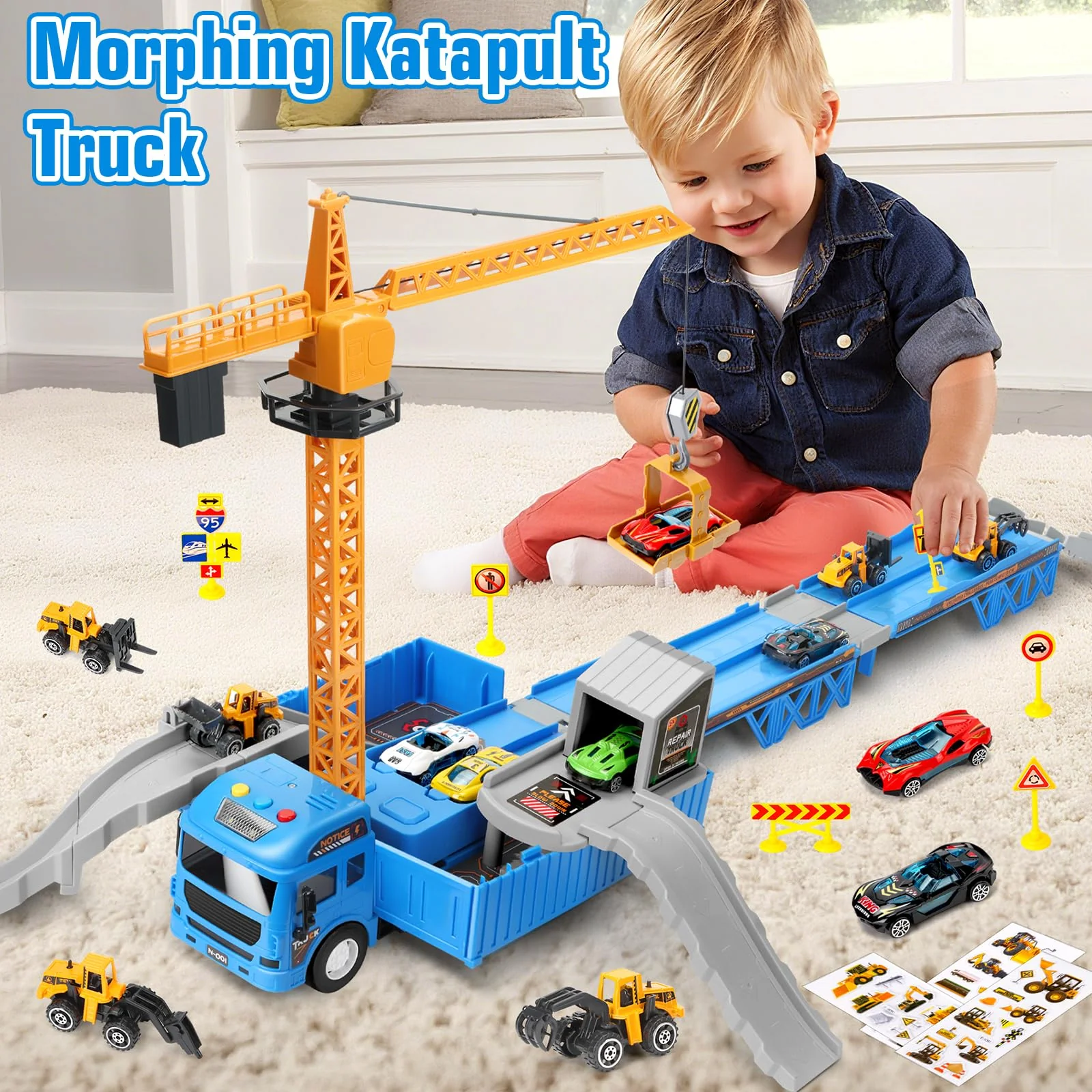 Charmofun LKW Kran mit Doppelter Auswurfschiene, Baustellenfahrzeuge Kinder Spielzeugset – Bagger, Bulldozer, Straßenwalze, Gabelstapler, Drehbarem Kran – Konstruktionsfahrzeuge Geschenk Ab 3 Jahren - Image 6