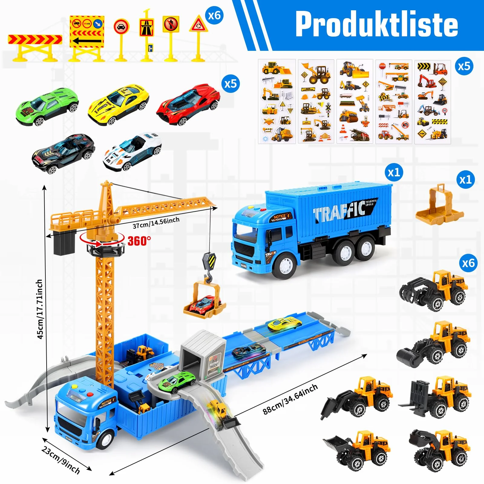 Charmofun LKW Kran mit Doppelter Auswurfschiene, Baustellenfahrzeuge Kinder Spielzeugset – Bagger, Bulldozer, Straßenwalze, Gabelstapler, Drehbarem Kran – Konstruktionsfahrzeuge Geschenk Ab 3 Jahren - Image 7