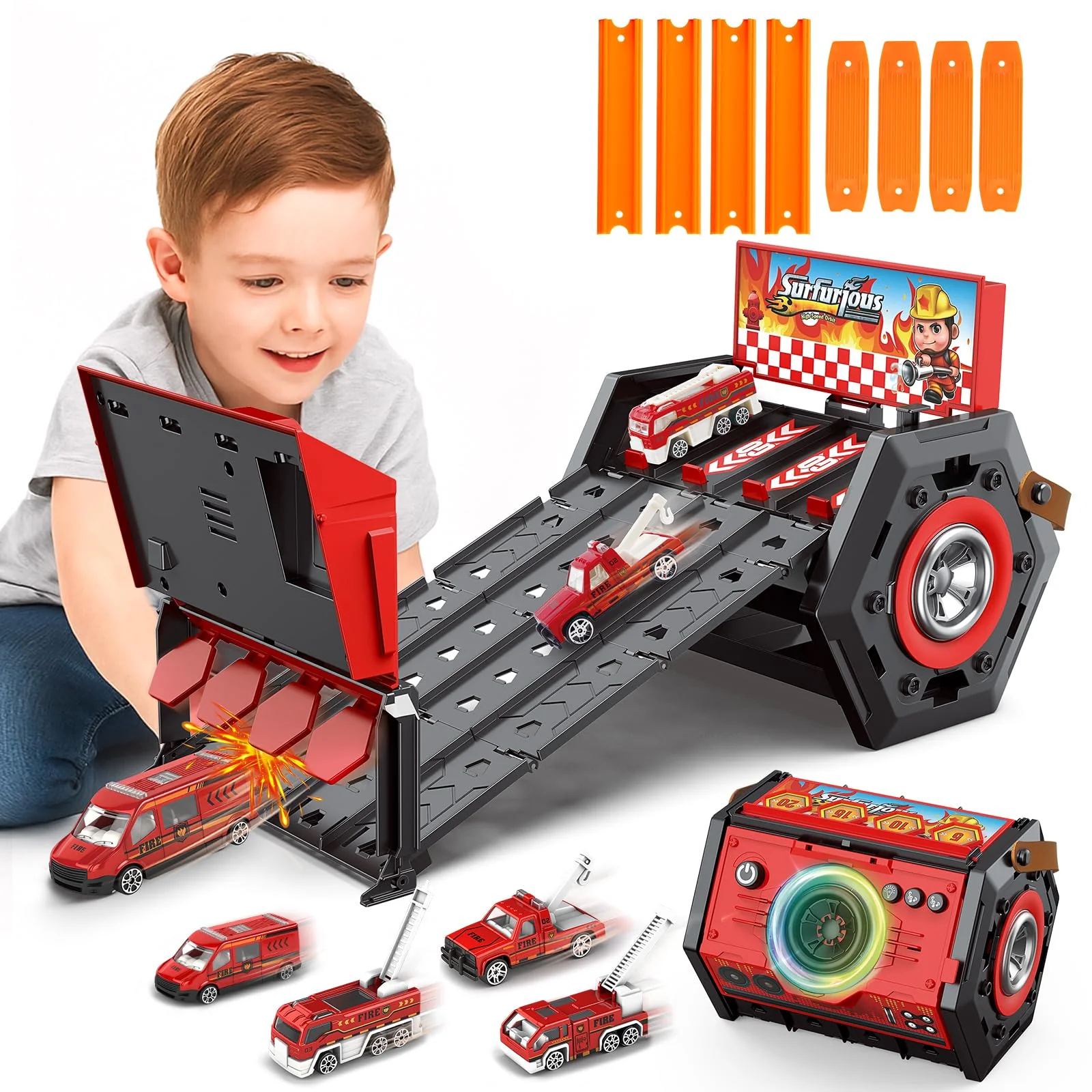 Charmofun Mini Autorennbahn für Kinder mit Licht & Musik, Auto Rennbahn für Kinder mit 4 Spuren, 4 Autos, Tragbare Autorennbahn Spielzeug Geschenk für Jungen ab 5+ Jahren (Rot)