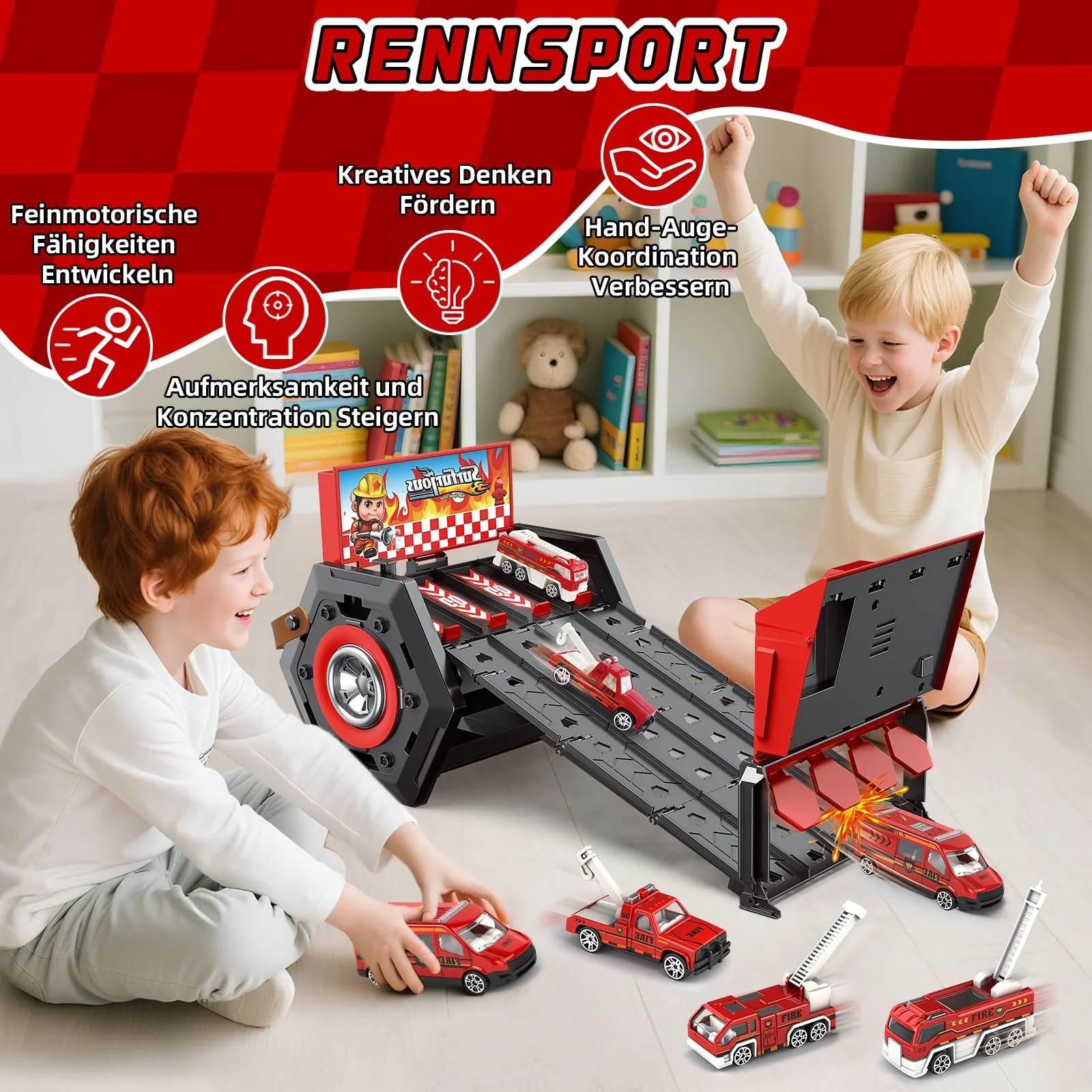 Charmofun Mini Autorennbahn für Kinder mit Licht & Musik, Auto Rennbahn für Kinder mit 4 Spuren, 4 Autos, Tragbare Autorennbahn Spielzeug Geschenk für Jungen ab 5+ Jahren (Rot) - Image 2