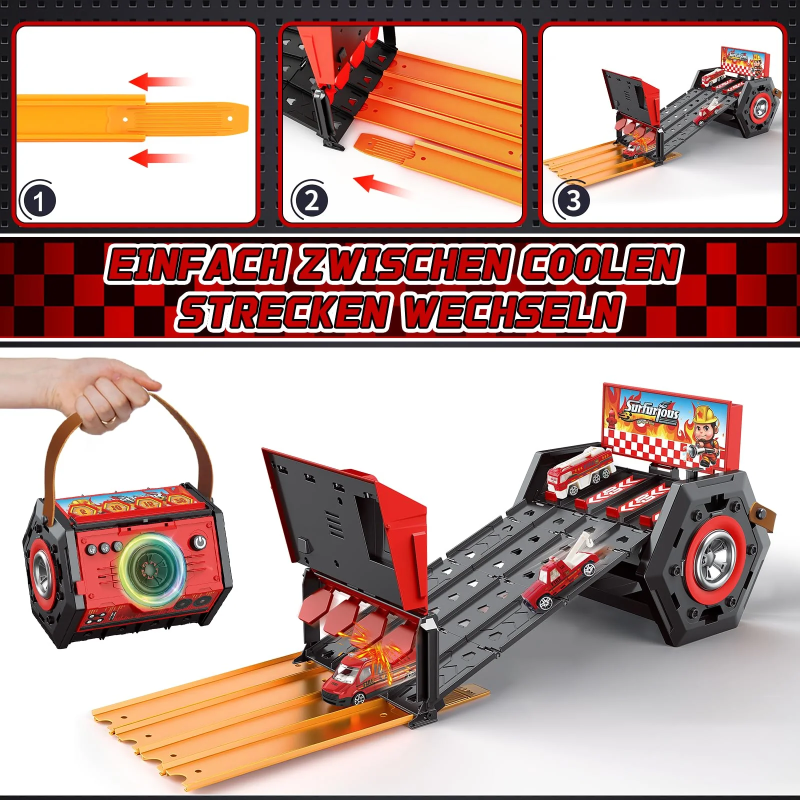 Charmofun Mini Autorennbahn für Kinder mit Licht & Musik, Auto Rennbahn für Kinder mit 4 Spuren, 4 Autos, Tragbare Autorennbahn Spielzeug Geschenk für Jungen ab 5+ Jahren (Rot) - Image 3