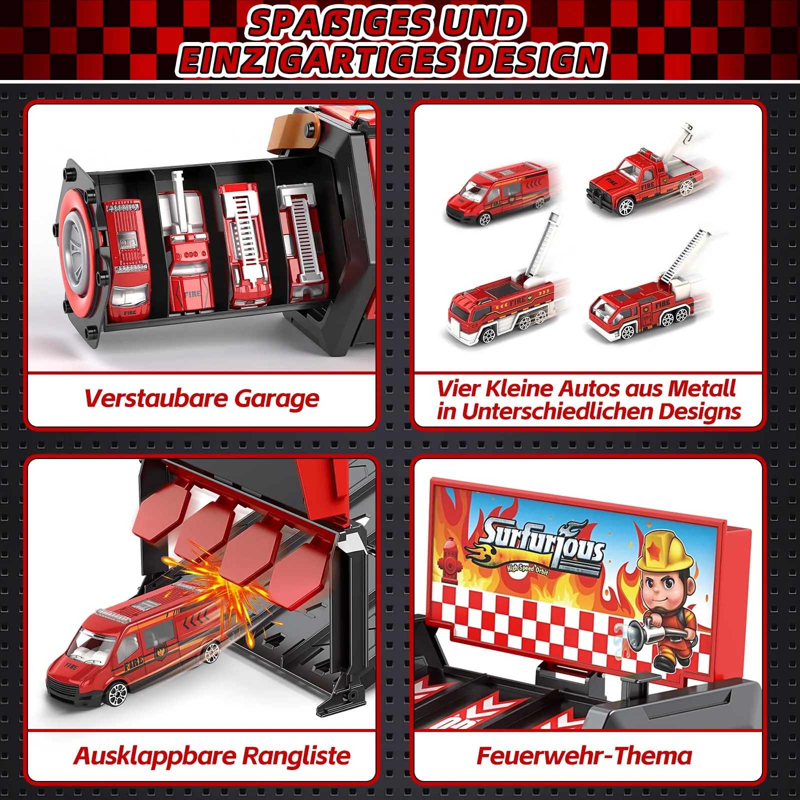 Charmofun Mini Autorennbahn für Kinder mit Licht & Musik, Auto Rennbahn für Kinder mit 4 Spuren, 4 Autos, Tragbare Autorennbahn Spielzeug Geschenk für Jungen ab 5+ Jahren (Rot) - Image 4