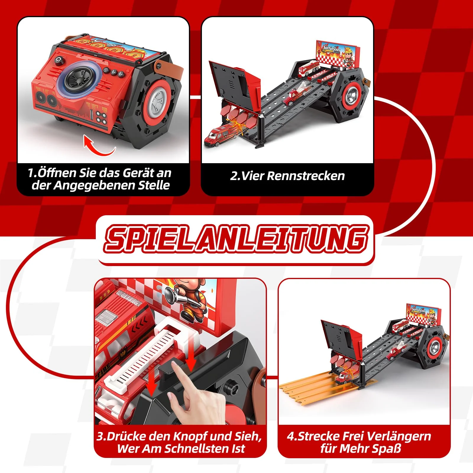 Charmofun Mini Autorennbahn für Kinder mit Licht & Musik, Auto Rennbahn für Kinder mit 4 Spuren, 4 Autos, Tragbare Autorennbahn Spielzeug Geschenk für Jungen ab 5+ Jahren (Rot) - Image 5