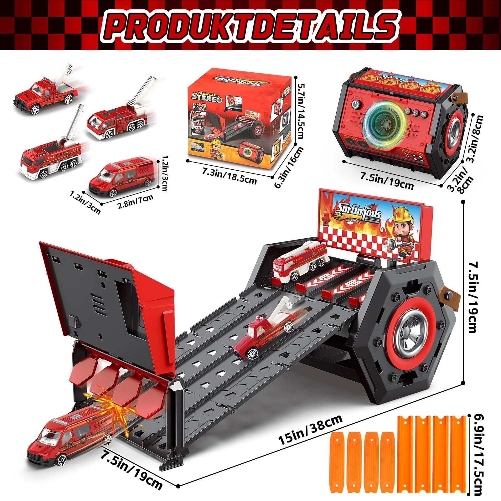 Charmofun Mini Autorennbahn für Kinder mit Licht & Musik, Auto Rennbahn für Kinder mit 4 Spuren, 4 Autos, Tragbare Autorennbahn Spielzeug Geschenk für Jungen ab 5+ Jahren (Rot) - Image 7