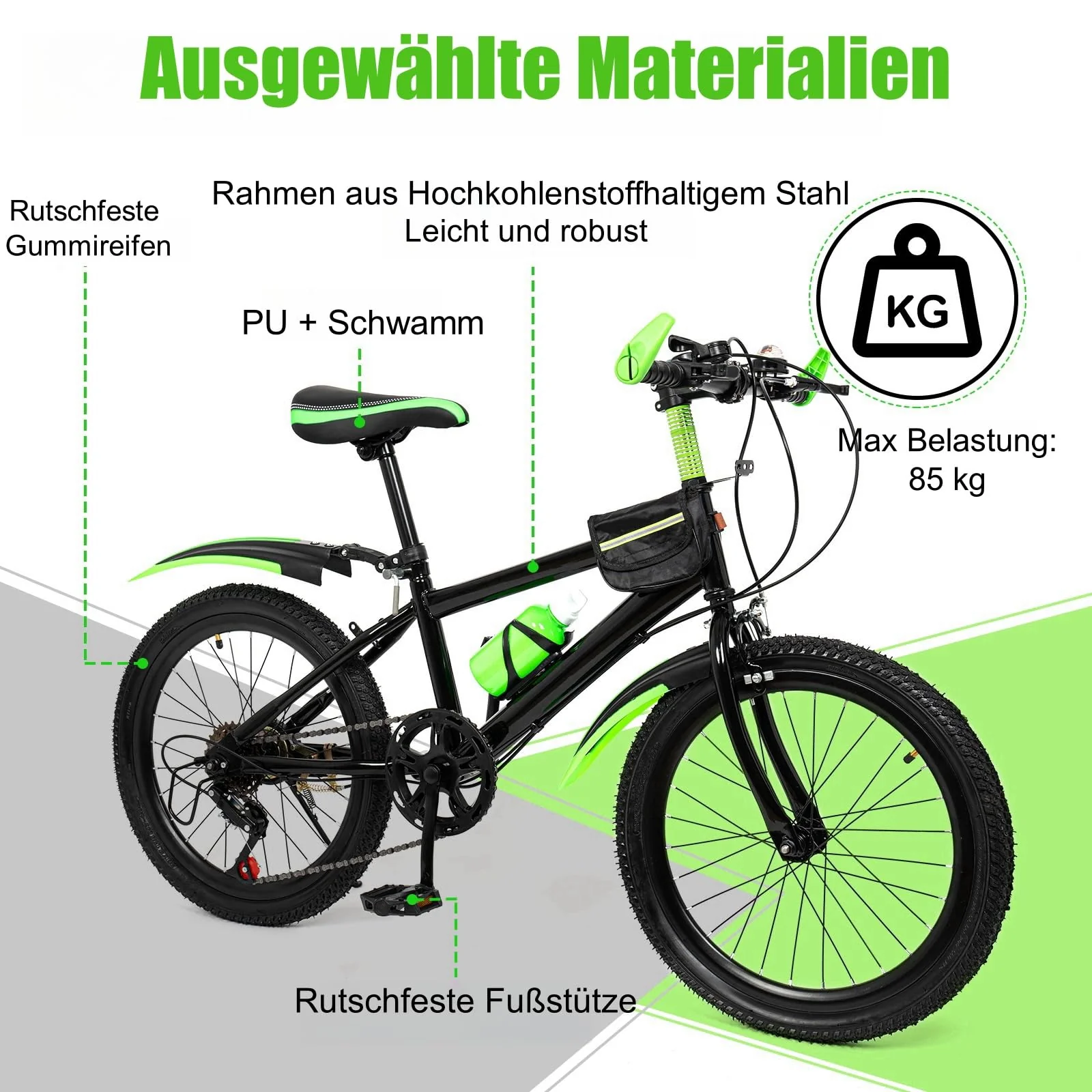 Charocean Mountainbike 20 Zoll Kinderfahrrad Kinder Fahrrad für Jungen & Mädchen, 7 Gang Mountainbike mit Schutzblech, Wasserflasche, Kompassglocke, Tragfähigkeit 85KG, Von 8-13 Jahren (Grün) - Image 8