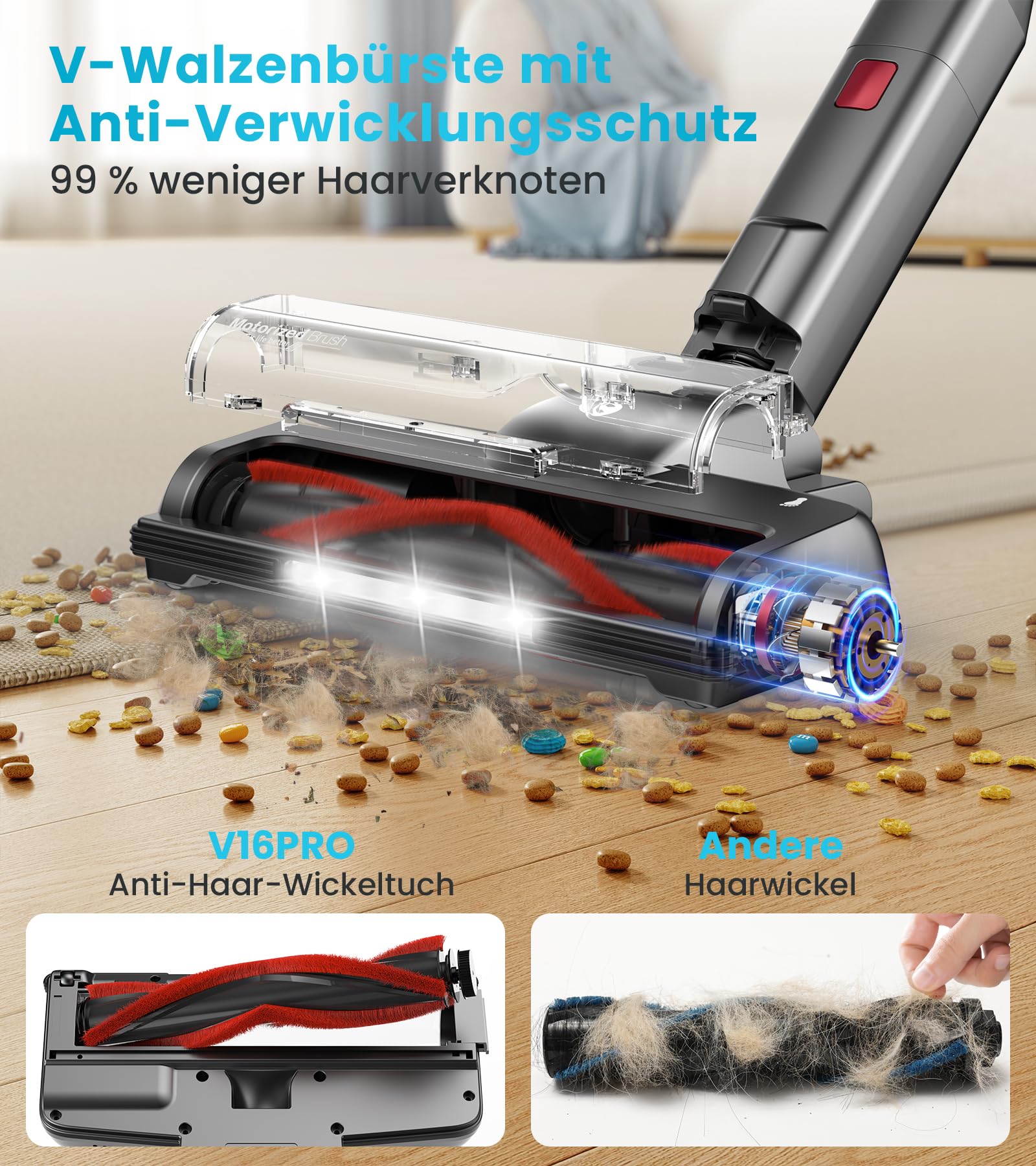 CHEBIO 45000Pa/550W/60Min Akku Staubsauger, Staubsauger Kabellos mit Selbststehendes Design, Staubsauger mit Anti-Tangle-Bürste und 5-Loch-Hocheffizienzfiltration für Hartböden, Teppich, Tierhaare - Image 5
