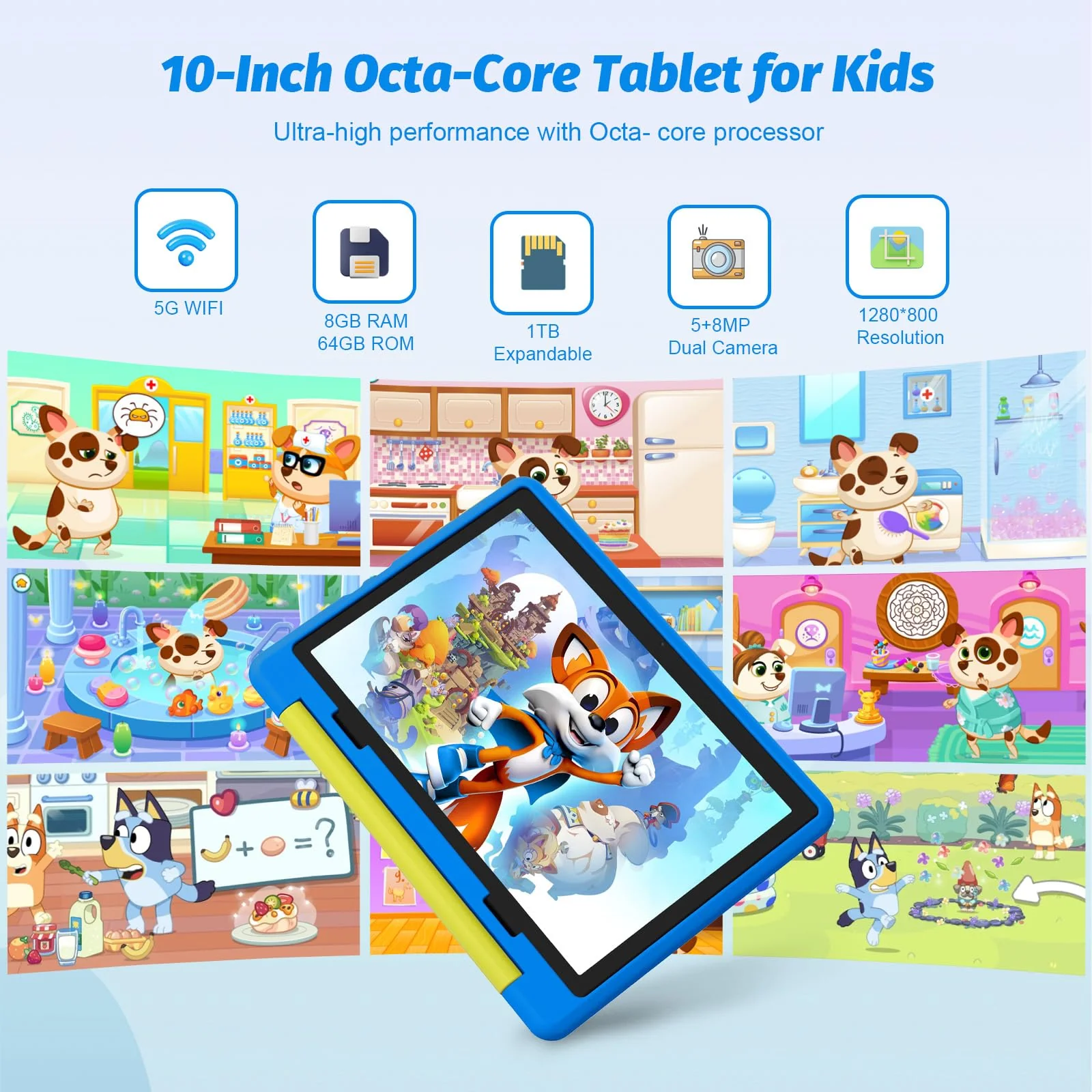 Cheerjoy Kinder Tablet 10 Zoll Android 14 Tablet für Kinder im Alter von 3-12 Jahren, Octa-Core, 8+64GB(TF 1TB), Kindersicherung, vorinstalliertes KIDOZ, 5G WiFi Tablet PC mit stoßfester Hülle-Blau - Image 7