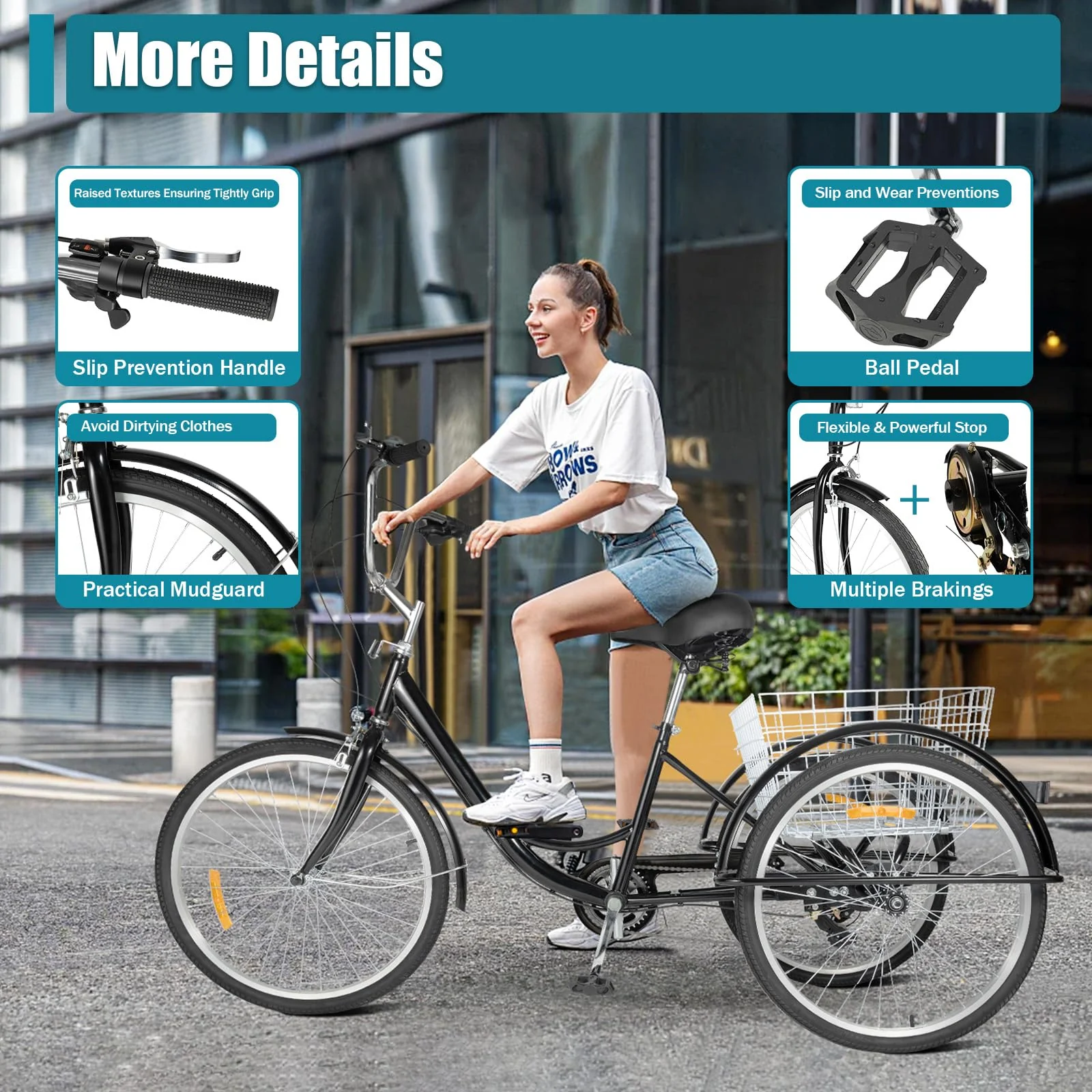 chennnls 26 Zoll 8-Gang Dreirad für Erwachsene, Dreiradfahrrad mit großem Korb, Verstellbarer Sitz Cruiser Trike Rennrad für Männer, Frauen, ältere Menschen(Schwarz Weiß) - Image 8