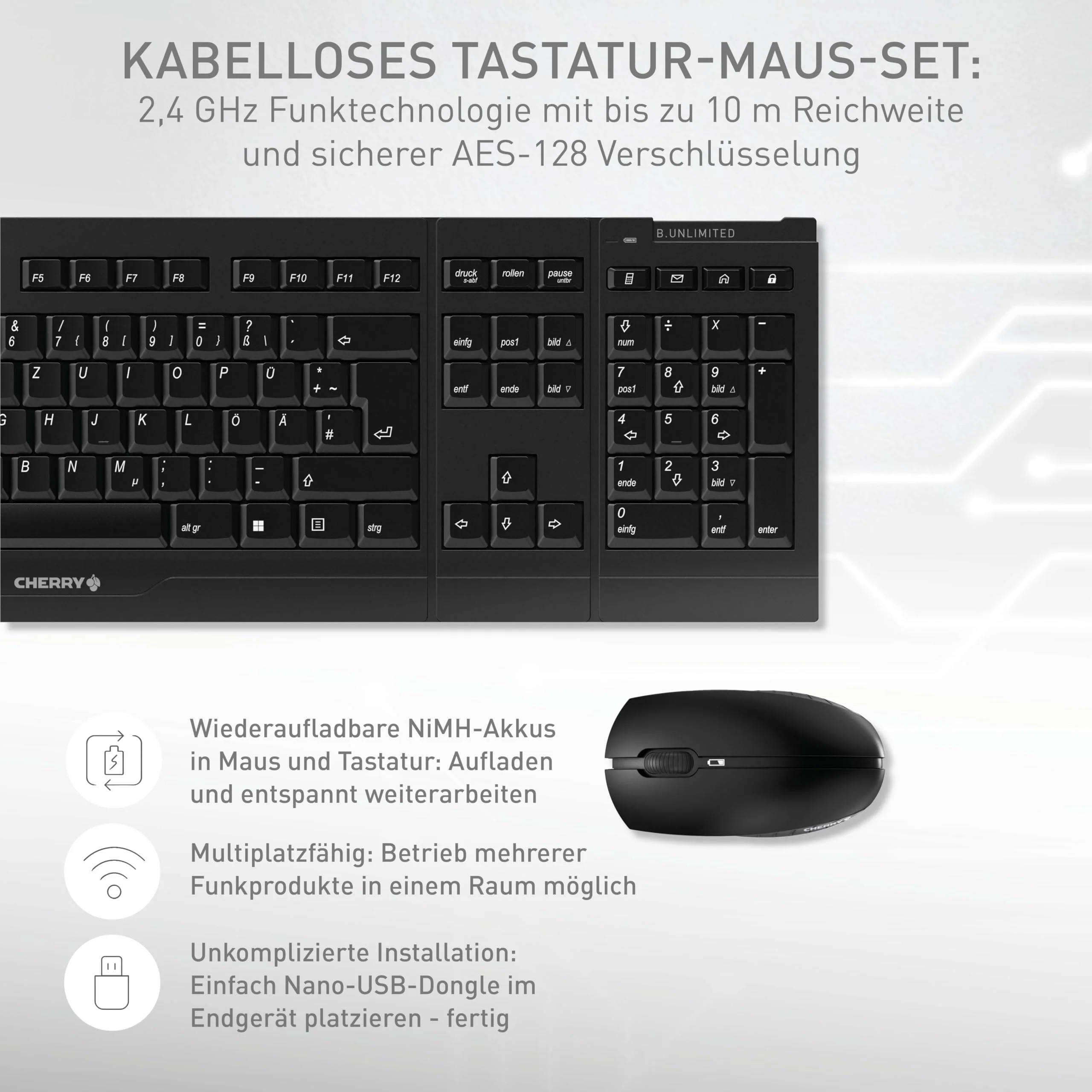 CHERRY B.UNLIMITED 3.0, Kabelloses Tastatur- und Maus-Set, Französisches Layout (AZERTY), 2,4 GHz Funk, Dauerhaft Abriebfeste Tasten, Wiederaufladbar, Schwarz - Image 2
