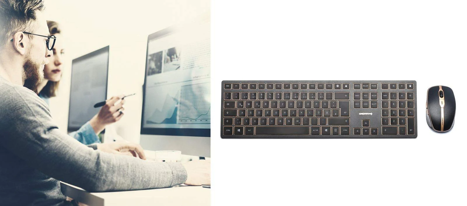 CHERRY DW 9000 SLIM, Kabelloses Tastatur- und Maus-Set, EU-Layout (QWERTY), Bluetooth & 2,4 GHz Funk, Leise Tasten, Wiederaufladbar, Schwarz-Bronze - Image 9