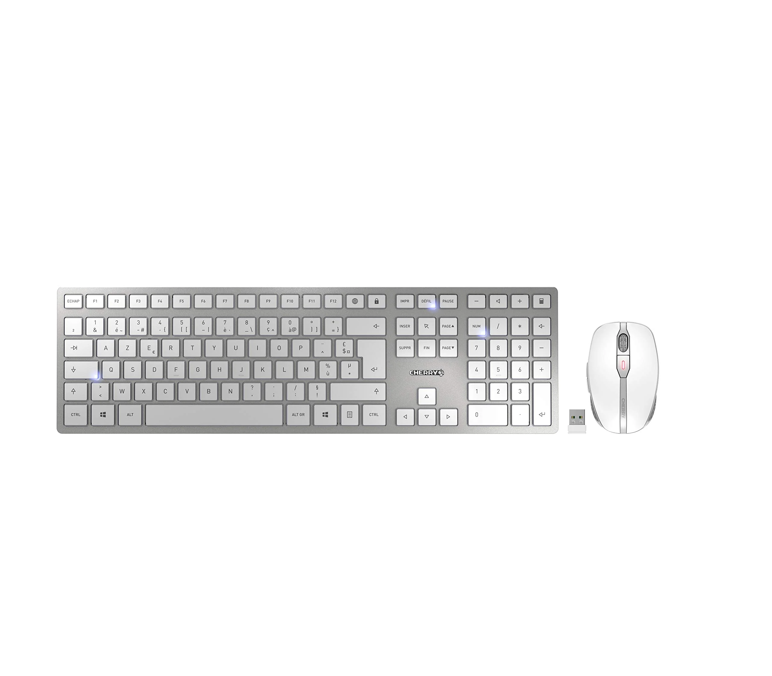 CHERRY DW 9000 SLIM, Kabelloses Tastatur- und Maus-Set, Französisches Layout (AZERTY), Bluetooth & 2,4 GHz Funk, Leise Tasten, Wiederaufladbar, Weiß-Silber - Image 5