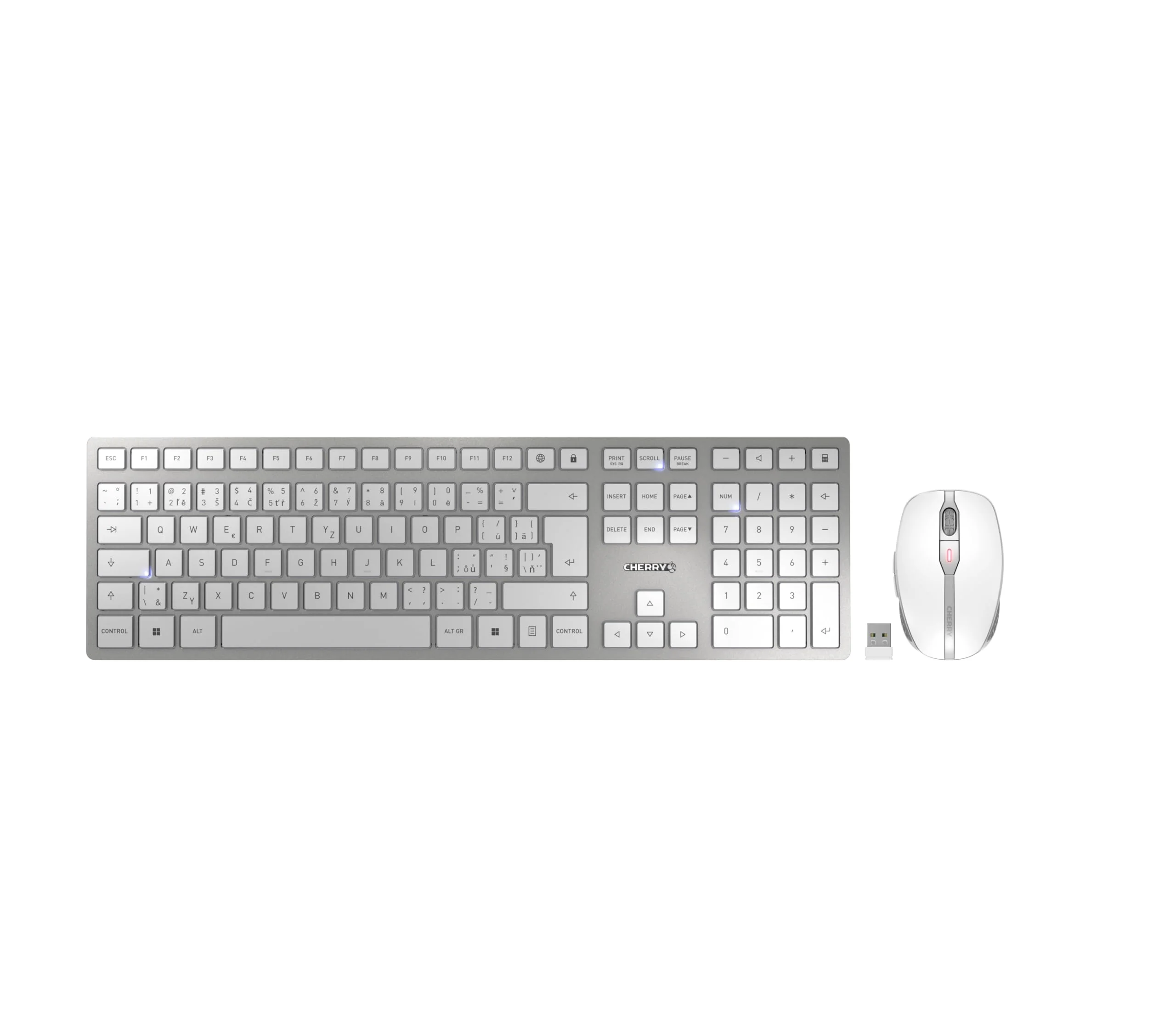 CHERRY DW 9100 SLIM, Kabelloses Tastatur-Maus-Set, Tschechisches/Slowakisches Layout (QWERTZ/QWERTY), Bluetooth & 2,4 GHz Funk, Wiederaufladbar, Weiß-Silber - Image 6