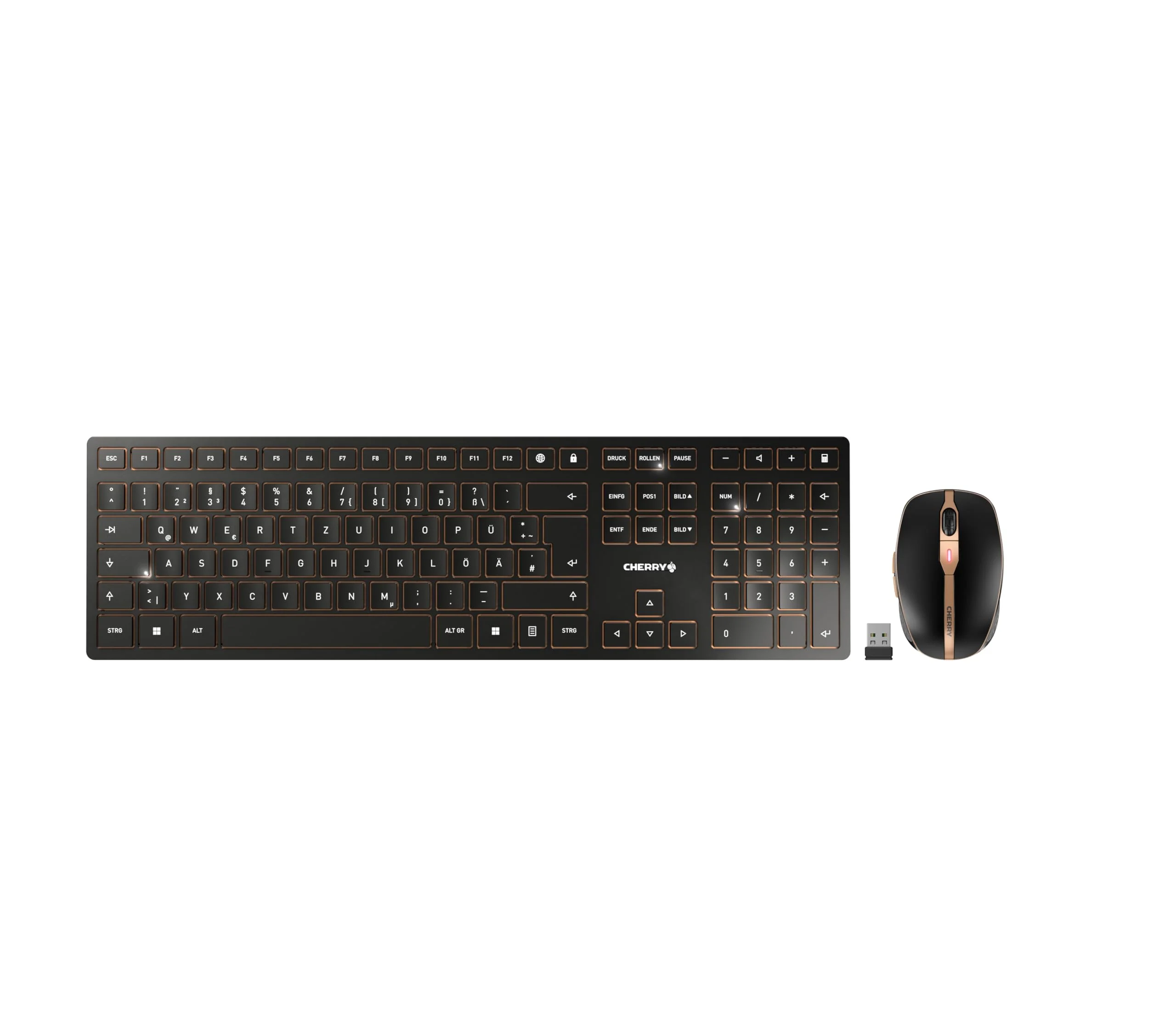 CHERRY DW 9100 SLIM, Kabelloses Tastatur- und Maus-Set, Deutsches Layout (QWERTZ), Bluetooth & 2,4 GHz Funk, Leise Tasten, Wiederaufladbar, Schwarz-Bronze - Image 4