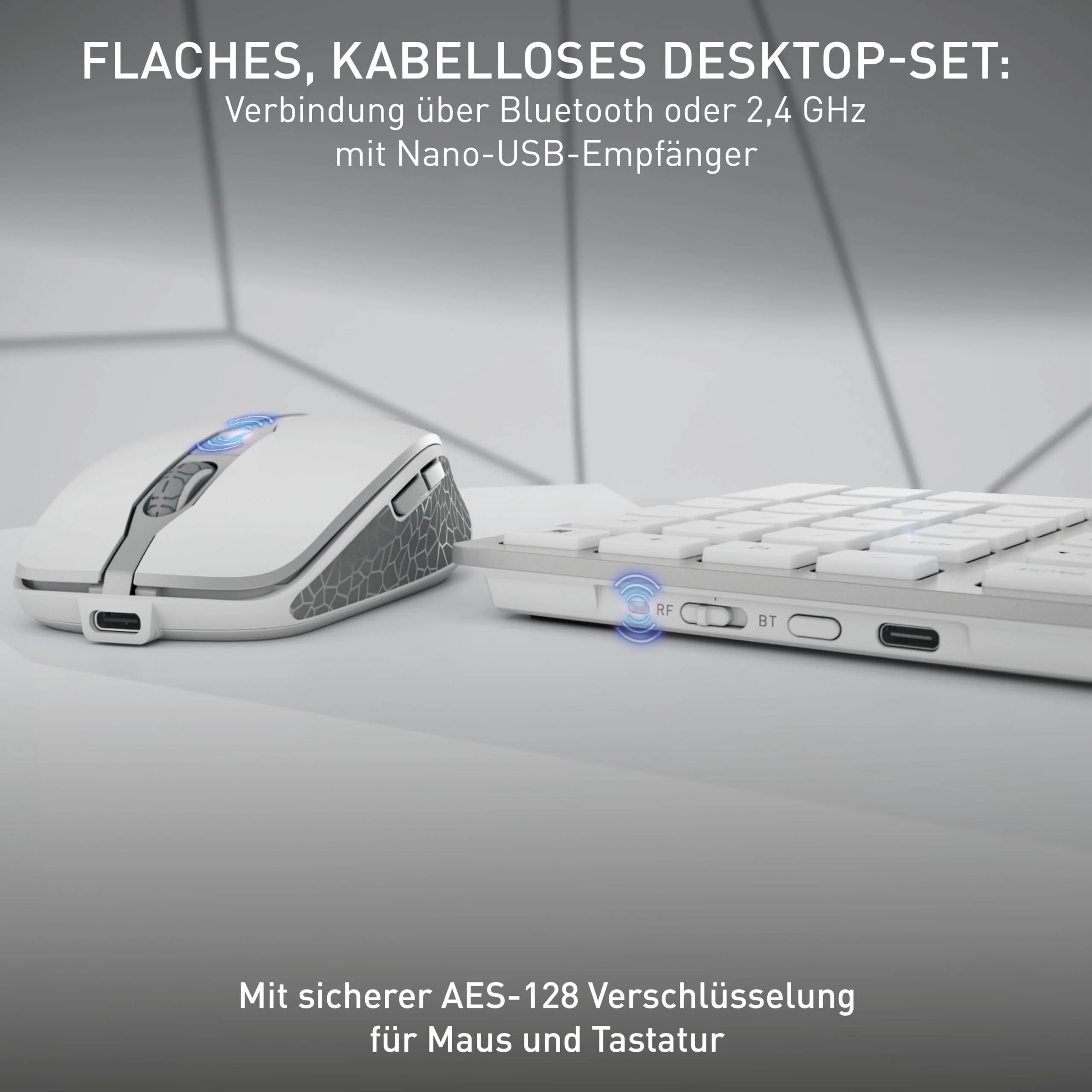 CHERRY DW 9100 SLIM, Kabelloses Tastatur- und Maus-Set, Französisches Layout (AZERTY), Bluetooth & 2,4 GHz Funk, Leise Tasten, Wiederaufladbar, Weiß-Silber - Image 5