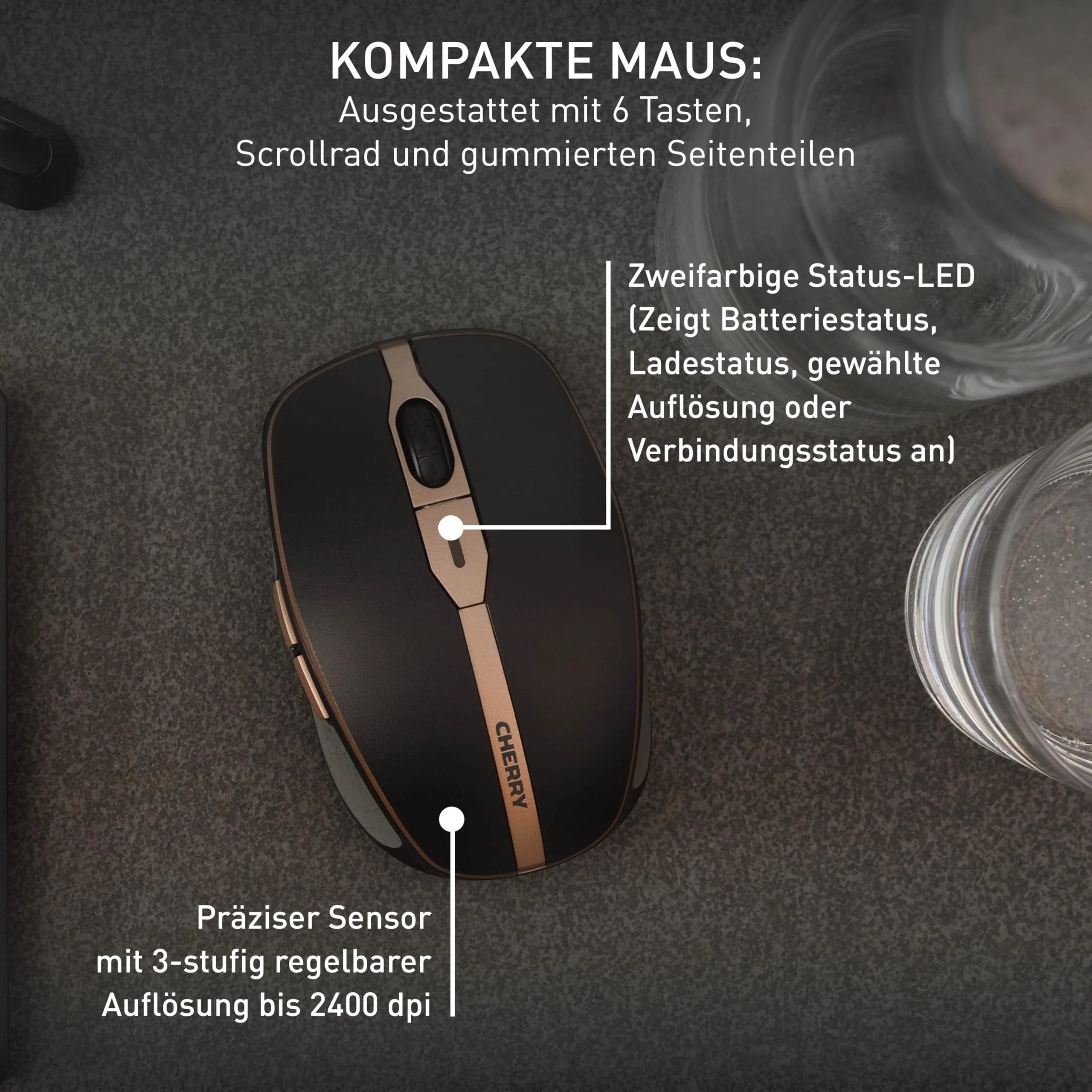 CHERRY DW 9100 SLIM, Kabelloses Tastatur- und Maus-Set, Spanisches Layout (QWERTY), Bluetooth & 2,4 GHz Funk, Leise Tasten, Wiederaufladbar, Schwarz-Bronze