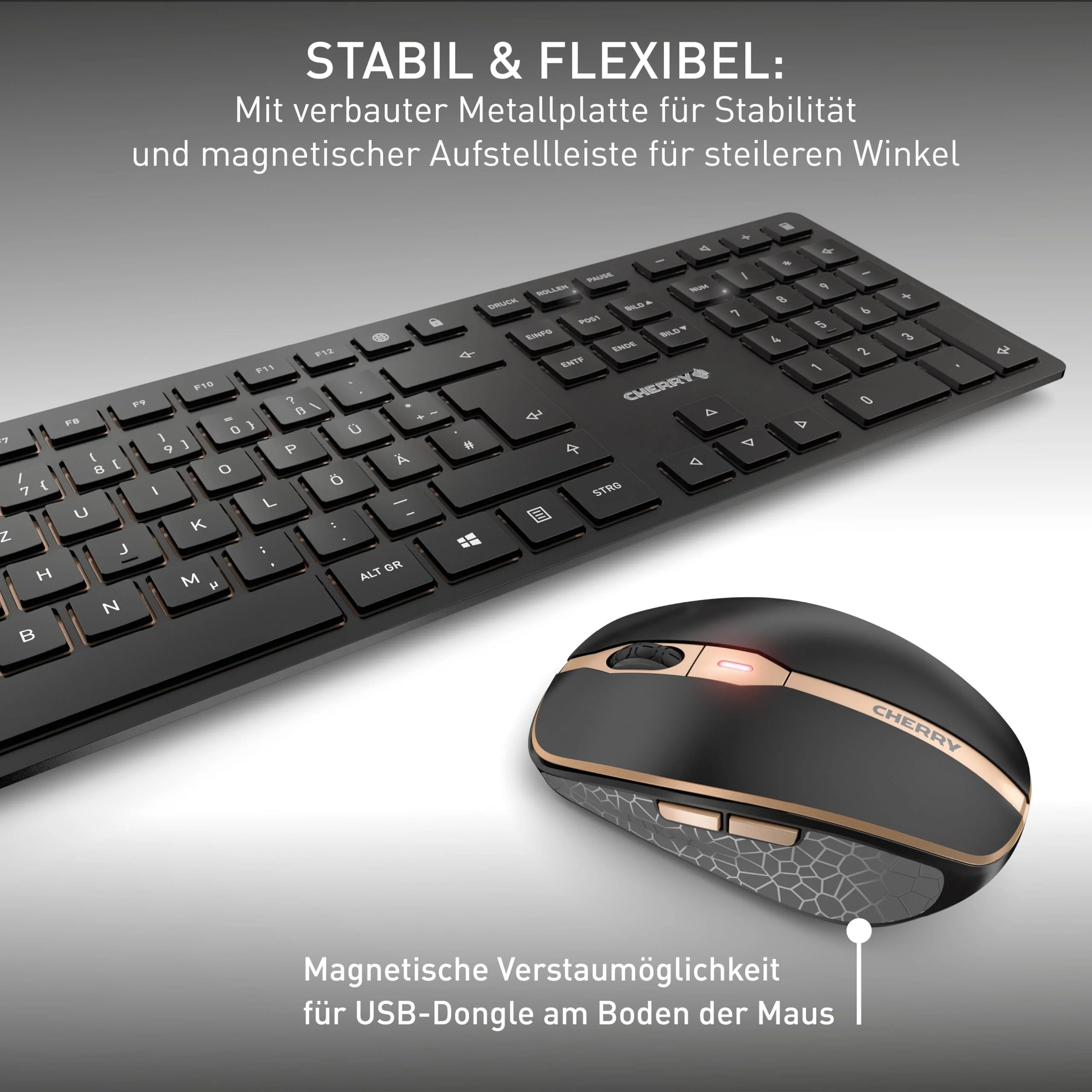 CHERRY DW 9100 SLIM, Kabelloses Tastatur- und Maus-Set, Spanisches Layout (QWERTY), Bluetooth & 2,4 GHz Funk, Leise Tasten, Wiederaufladbar, Schwarz-Bronze - Image 4