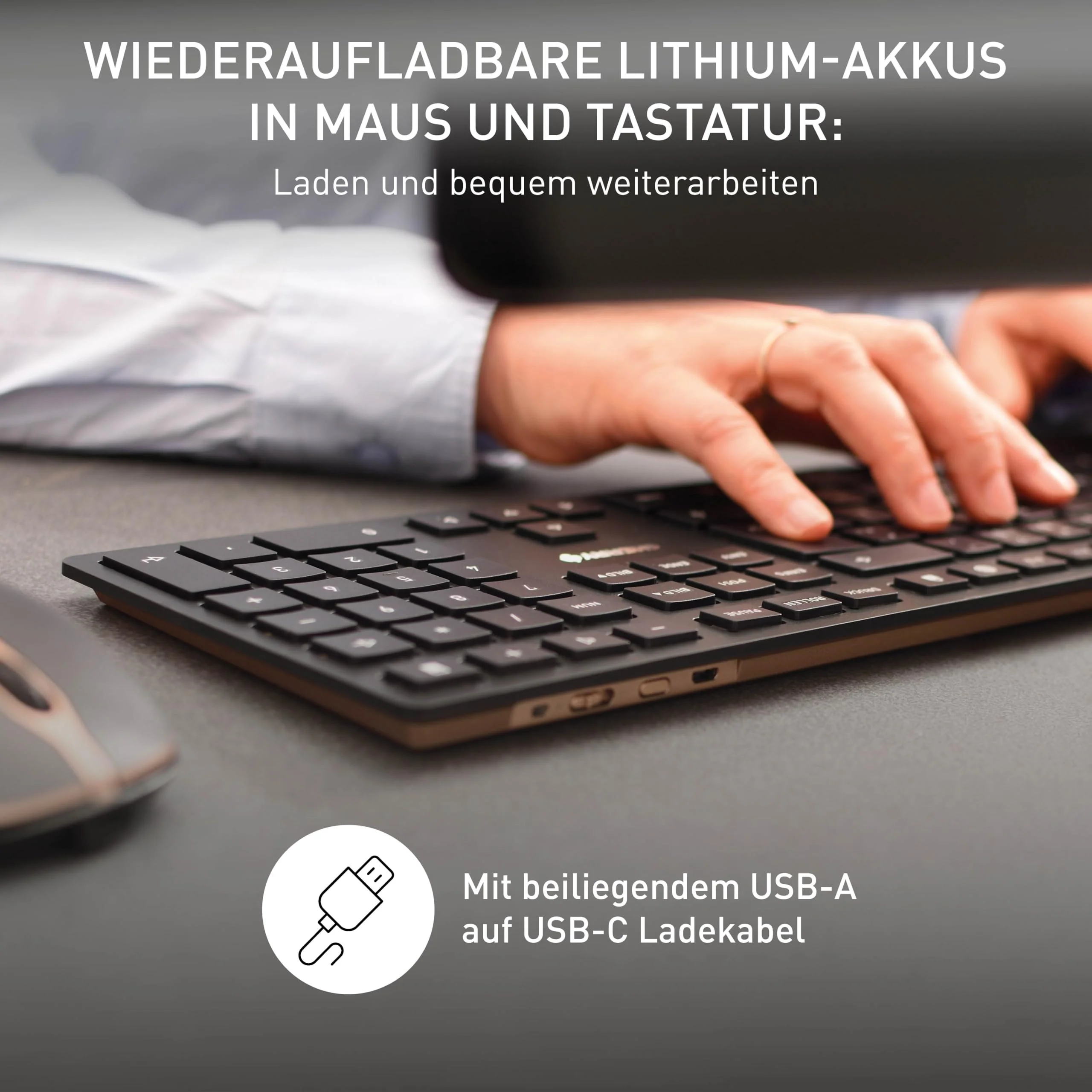 CHERRY DW 9100 SLIM, Kabelloses Tastatur- und Maus-Set, Spanisches Layout (QWERTY), Bluetooth & 2,4 GHz Funk, Leise Tasten, Wiederaufladbar, Schwarz-Bronze - Image 6