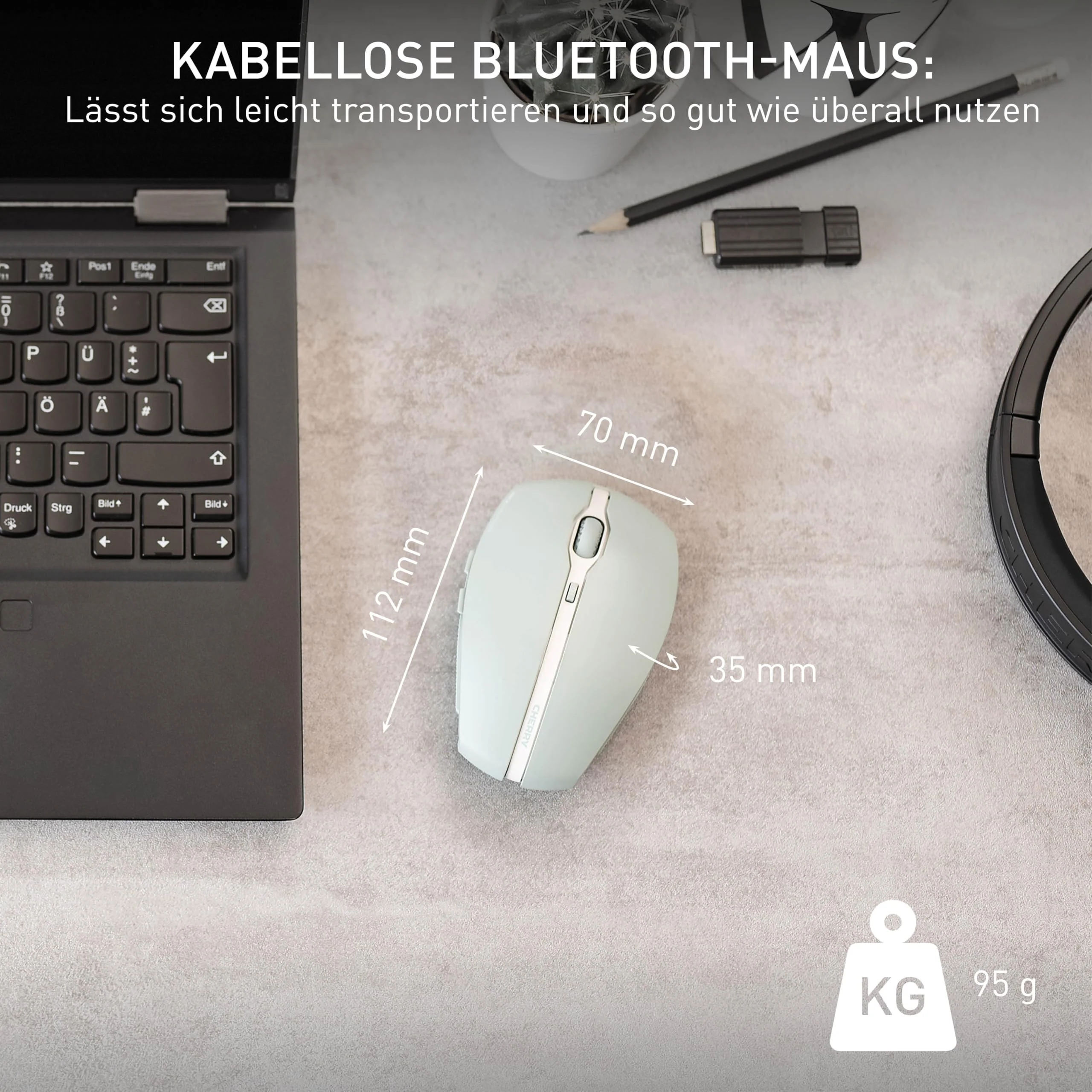 CHERRY GENTIX BT, Kabellose Bluetooth-Maus, Multi-Device-Funktion für bis zu 3 Geräte, Umschaltbare Auflösung (1000/2000 dpi), Batteriebetrieben, Agave Green - Image 4