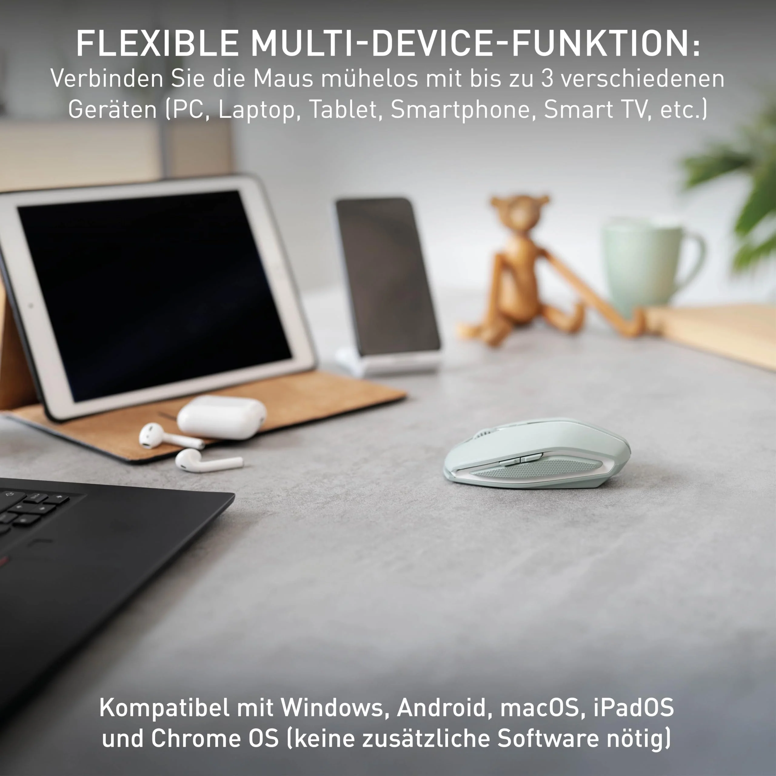 CHERRY GENTIX BT, Kabellose Bluetooth-Maus, Multi-Device-Funktion für bis zu 3 Geräte, Umschaltbare Auflösung (1000/2000 dpi), Batteriebetrieben, Agave Green - Image 6