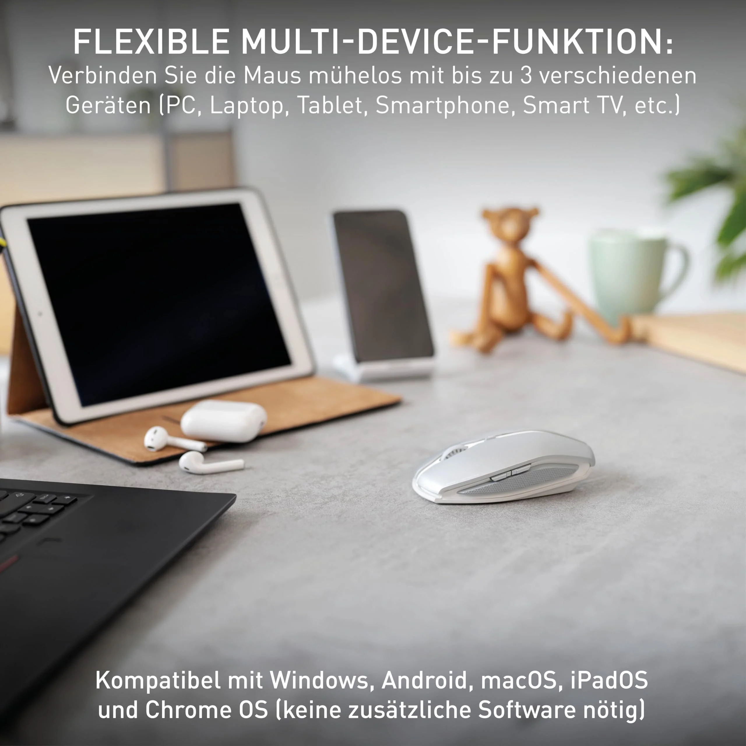 CHERRY GENTIX BT, Kabellose Bluetooth-Maus, Multi-Device-Funktion für bis zu 3 Geräte, Umschaltbare Auflösung (1000/2000 dpi), Batteriebetrieben, Frosted Silver - Image 5
