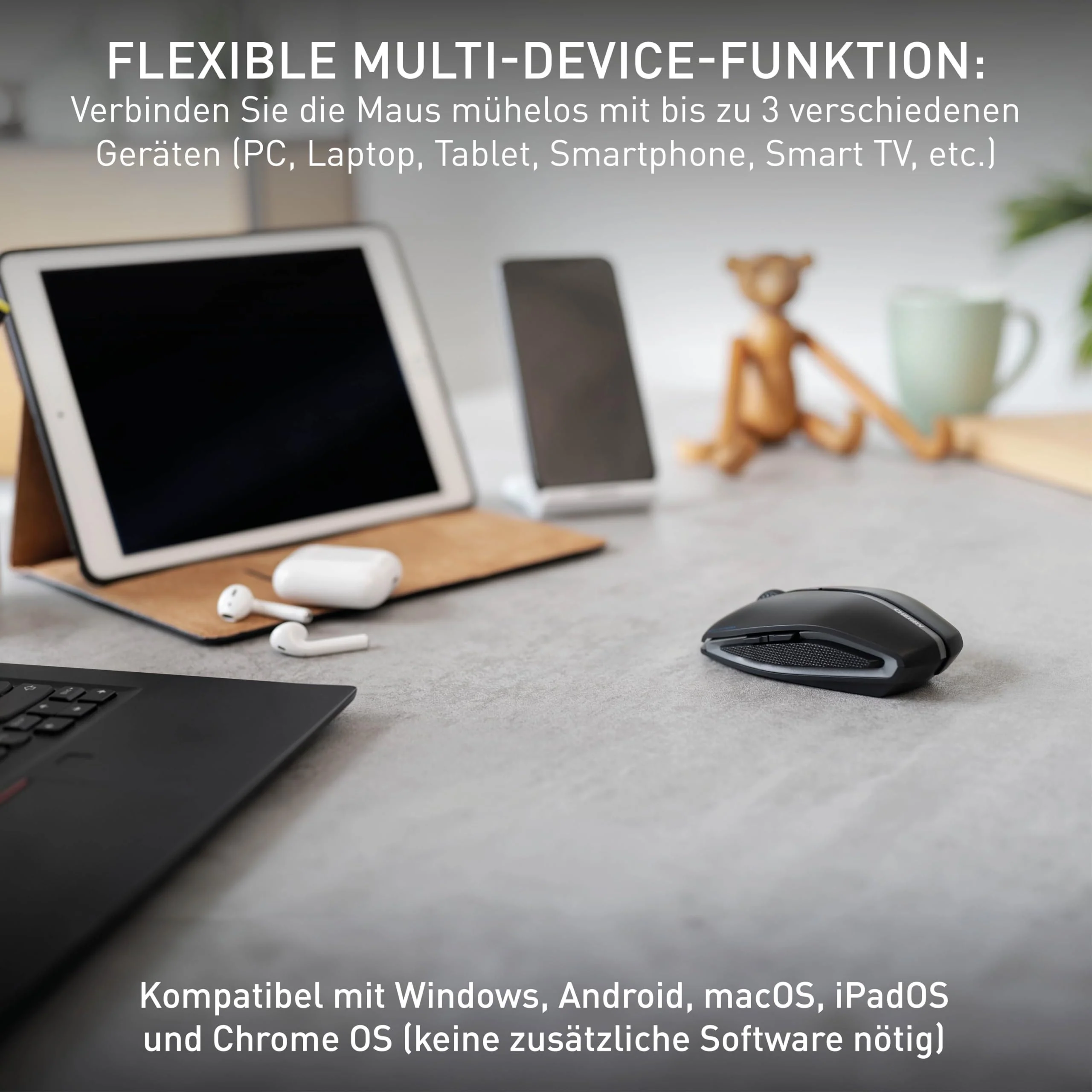 CHERRY GENTIX BT, Kabellose Bluetooth-Maus, Multi-Device-Funktion für bis zu 3 Geräte, Umschaltbare Auflösung (1000/2000 dpi), Batteriebetrieben, Schwarz - Image 2