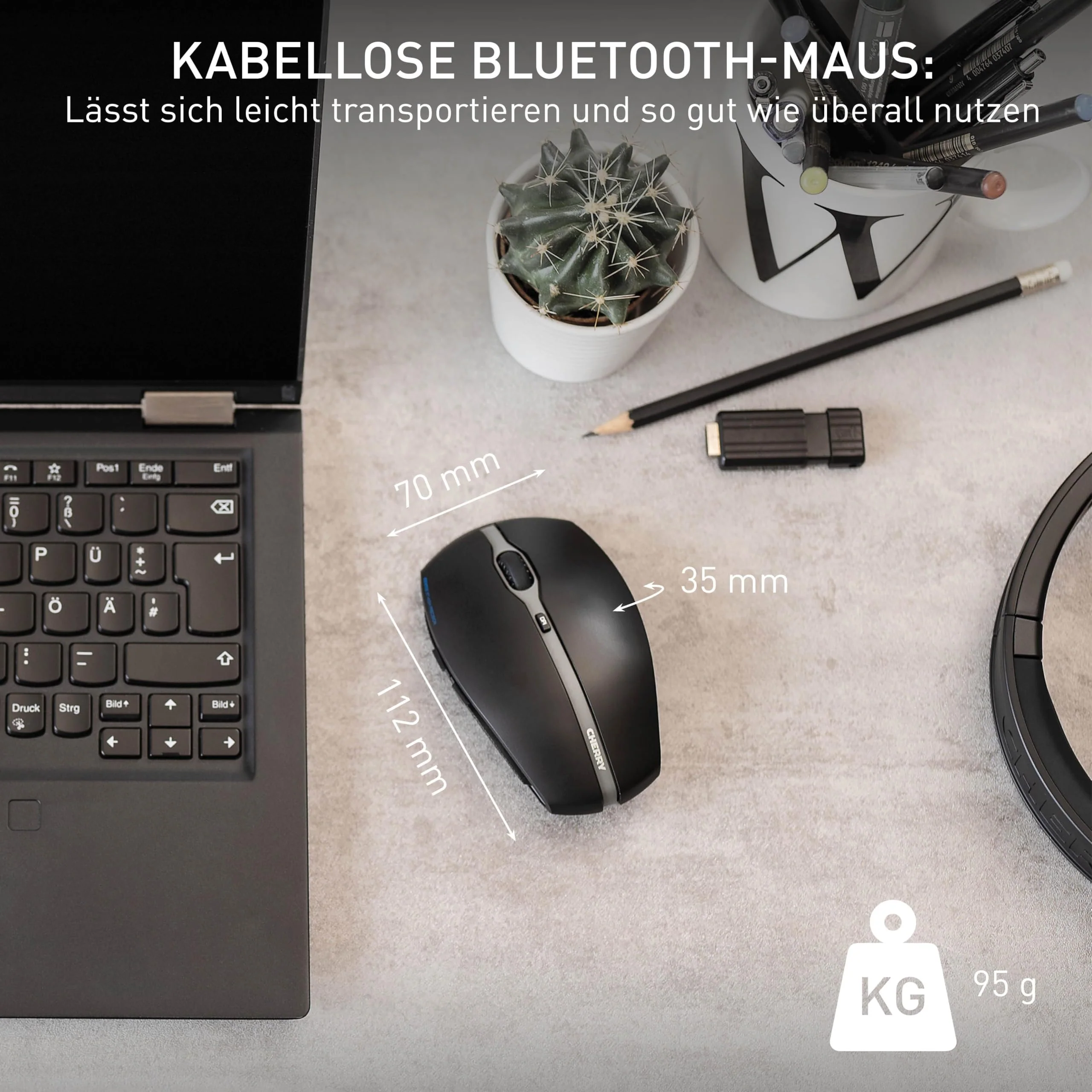 CHERRY GENTIX BT, Kabellose Bluetooth-Maus, Multi-Device-Funktion für bis zu 3 Geräte, Umschaltbare Auflösung (1000/2000 dpi), Batteriebetrieben, Schwarz - Image 6