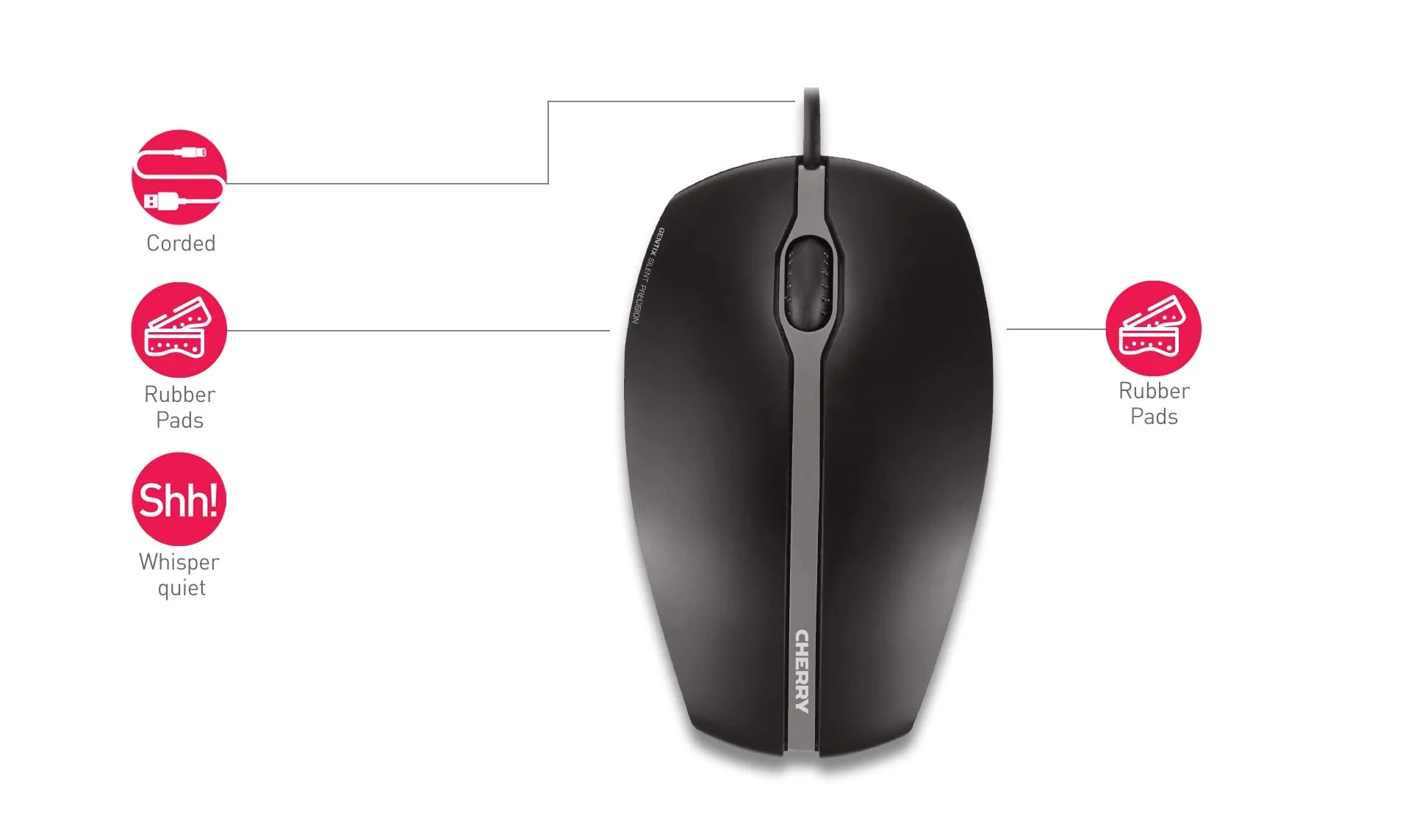 CHERRY GENTIX SILENT, Kabelgebundene Maus, Leise Tasten ohne Klickgeräusch, Optischer Sensor (1.000 dpi), Symmetrisches Design, Kabel 1,8 m, USB 2.0, Schwarz - Image 11