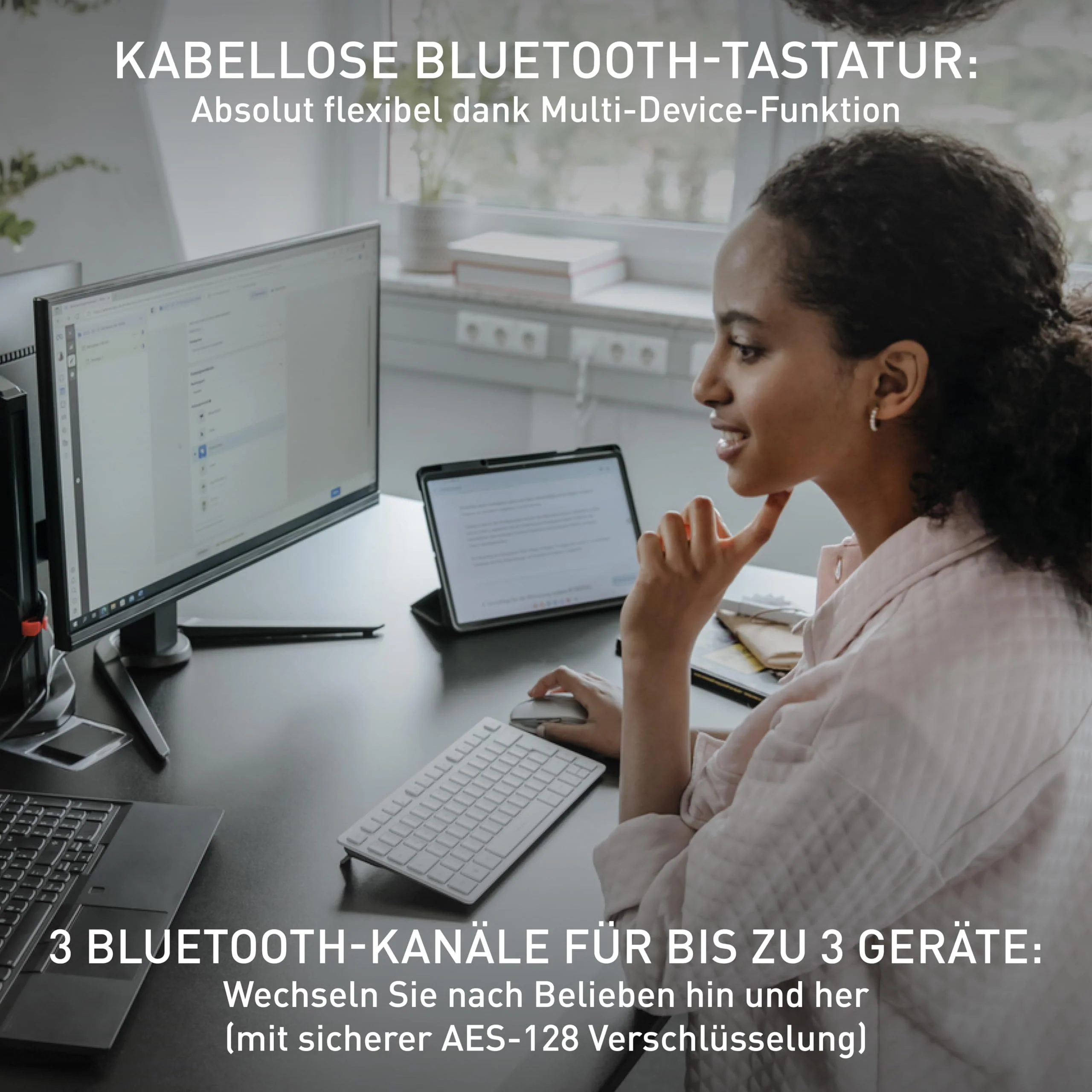 CHERRY KW 7100 MINI BT, Kompakte Multi-Device-Tastatur mit 3 Bluetooth-Kanälen, Deutsches Layout (QWERTZ), Flaches Design, inkl. Transporttasche, Cherry Blossom - Image 5