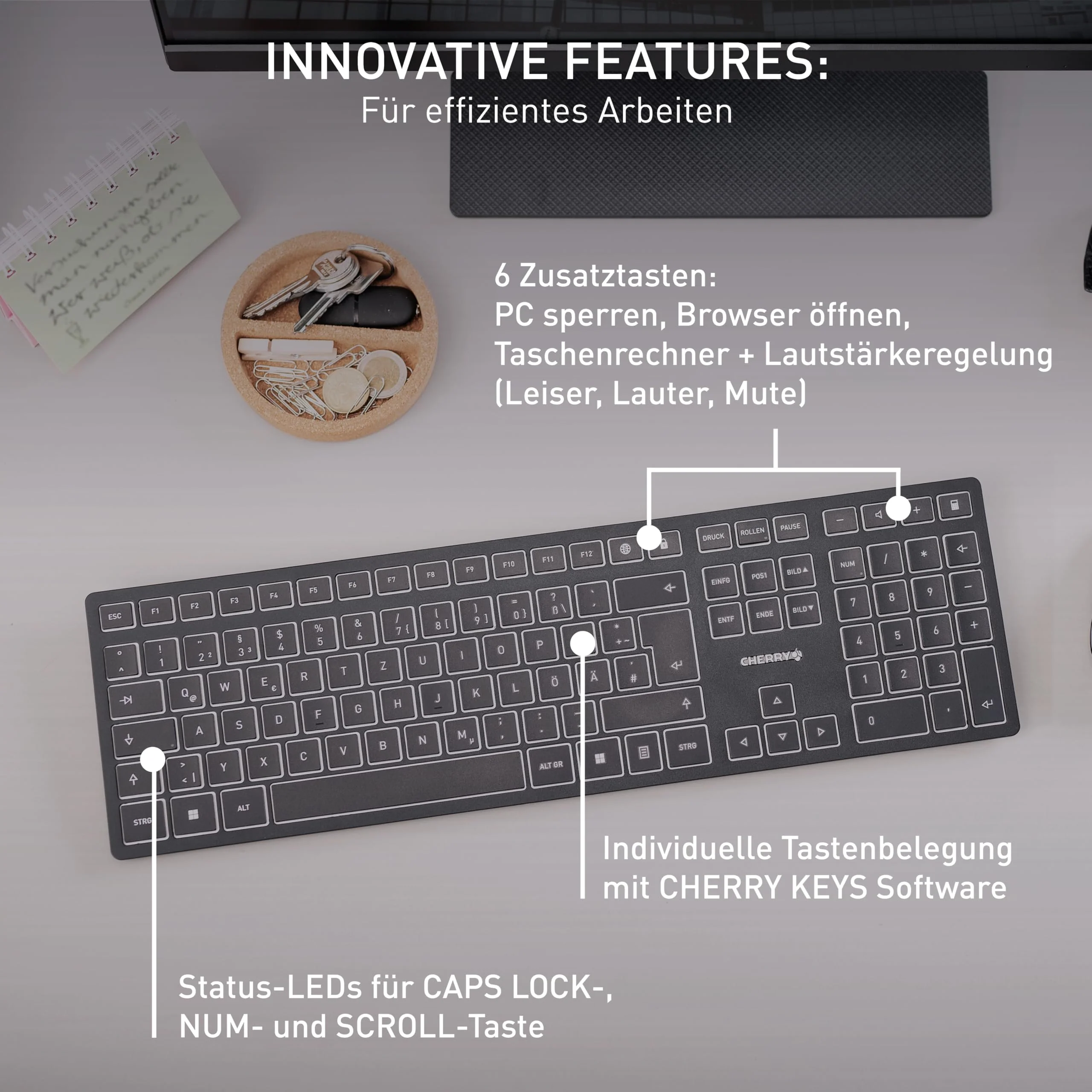 CHERRY KW 9100 SLIM, Kabellose Design-Tastatur, Deutsches Layout (QWERTZ), Wahlweise Bluetooth oder 2,4 GHz Funk, Flache Tasten, Wiederaufladbar, Schwarz-Grau - Image 3