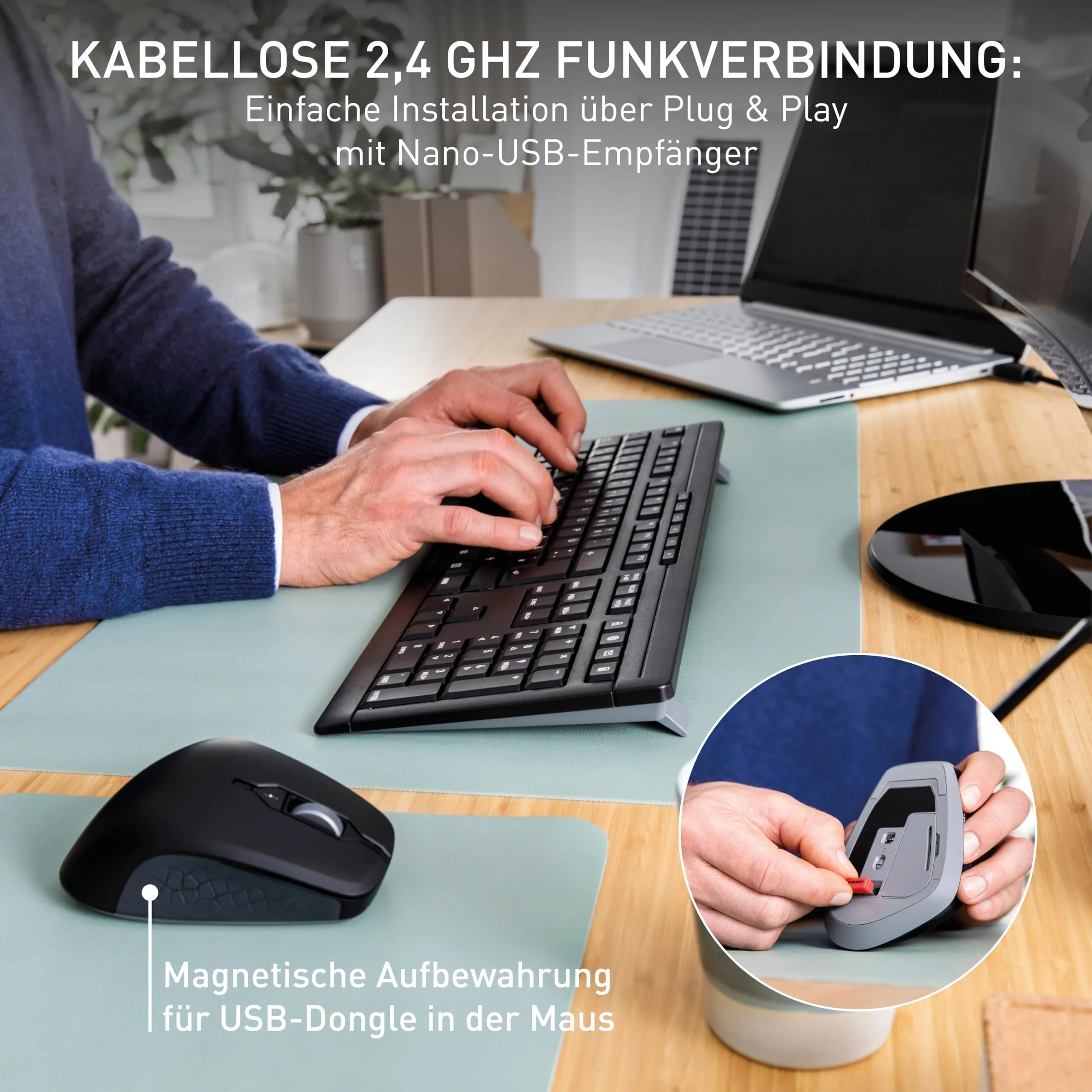 CHERRY STREAM DESKTOP COMFORT, Kabelloses Tastatur-Maus-Set, Deutsches Layout (QWERTZ), 2,4 GHz Funk, Leise Tasten, Ergonomische Rechtshändermaus, Weiß-Grau - Image 6